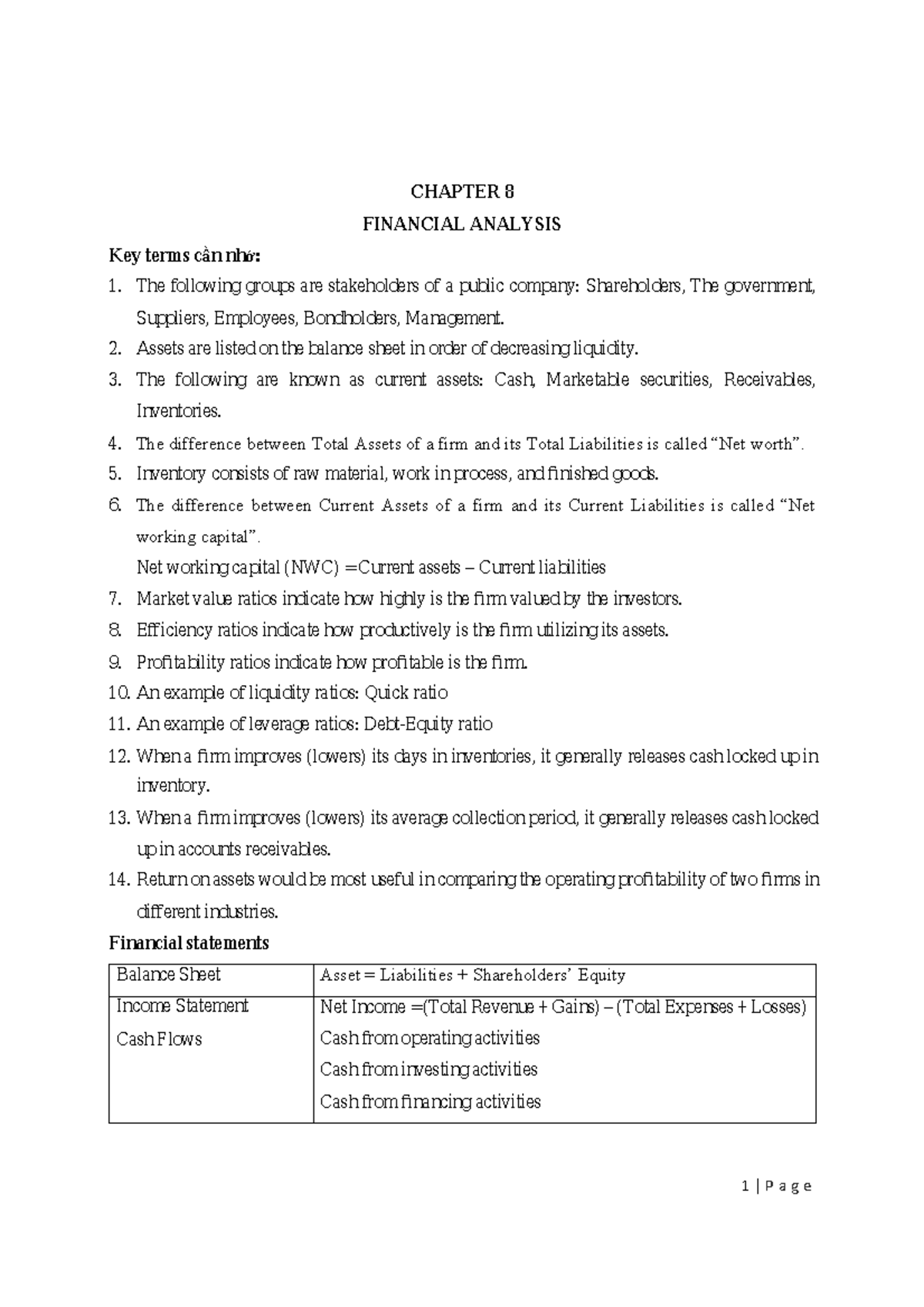 TCKD-ÔN1 - CHAPTER 8: FINANCIAL ANALYSIS Key Terms and Concepts - Studocu