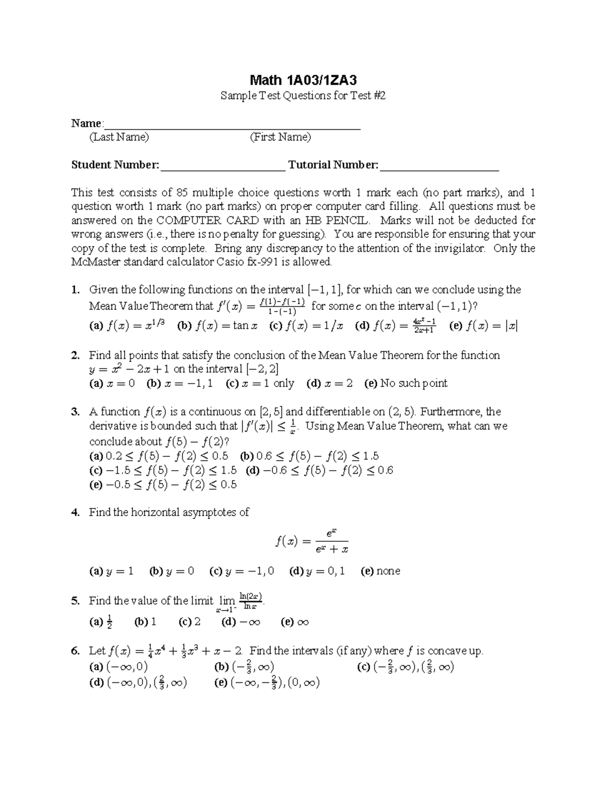 Calc test 2 problem sampler - Math 1A03/1ZA Sample Test Questions for ...