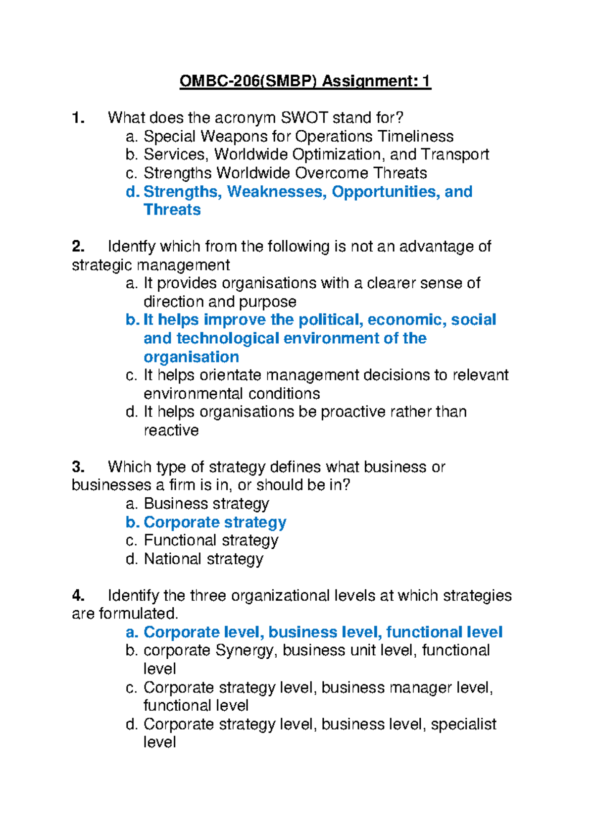 OMBC-206(SMBP) Assignment: Strategic Management Concepts - Studocu