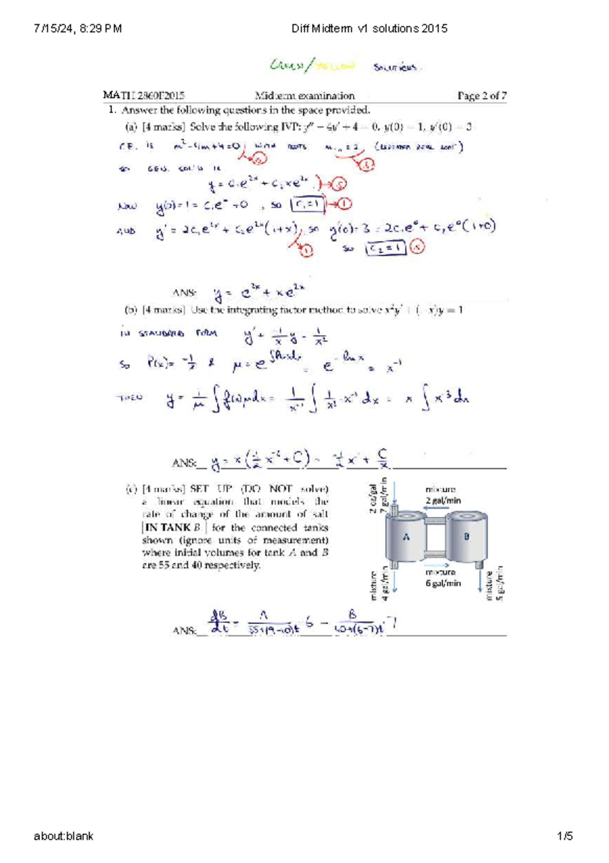 MATH 2860F 2015 Differential Midterm Solutions - Studocu