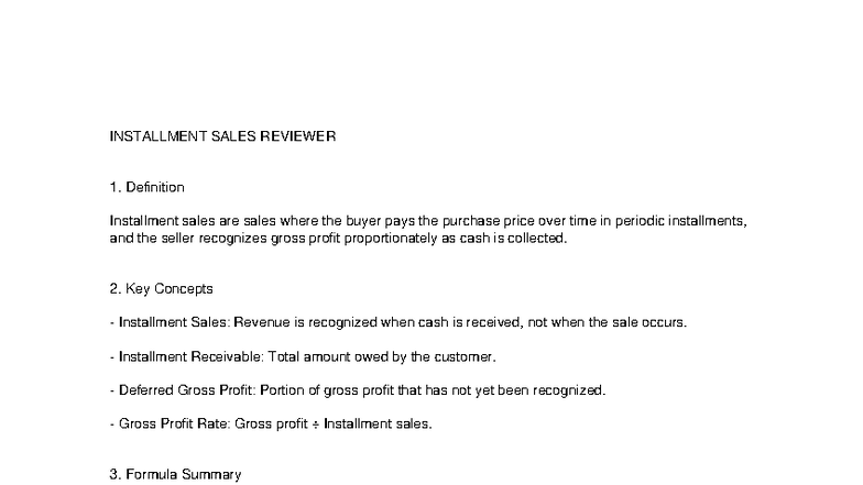INSTALLMENT SALES REVIEWER: KEY CONCEPTS & FORMULAS - Studocu