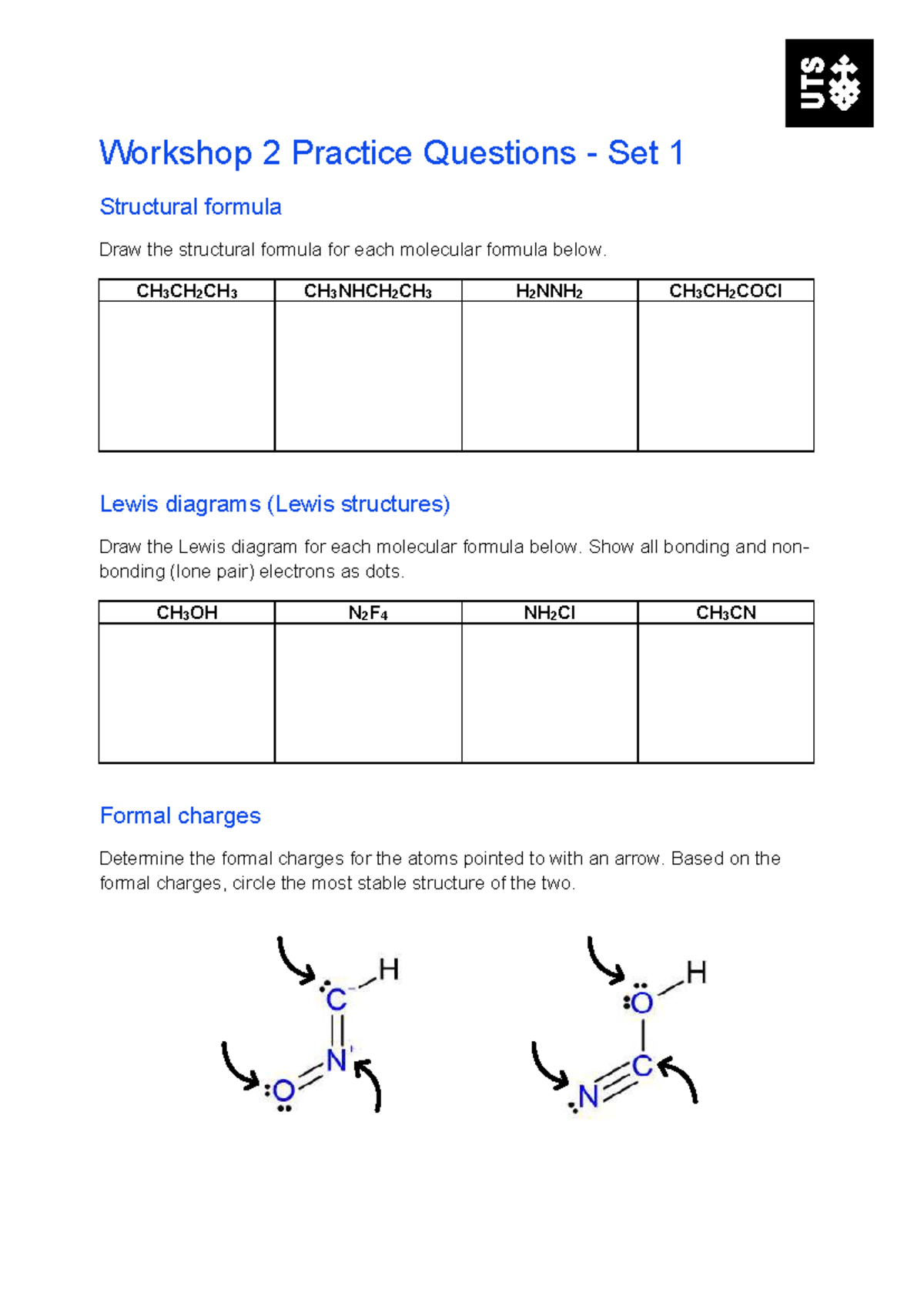 Chem 1 Workshop 2 Practice Questions Set 1: Structural & Lewis Diagrams ...