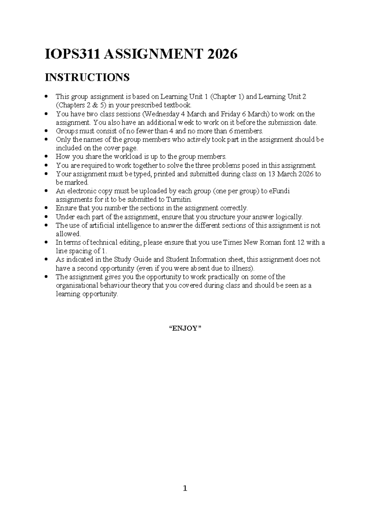 IOPS311 Group Assignment Instructions: Org Behavior Problems ...