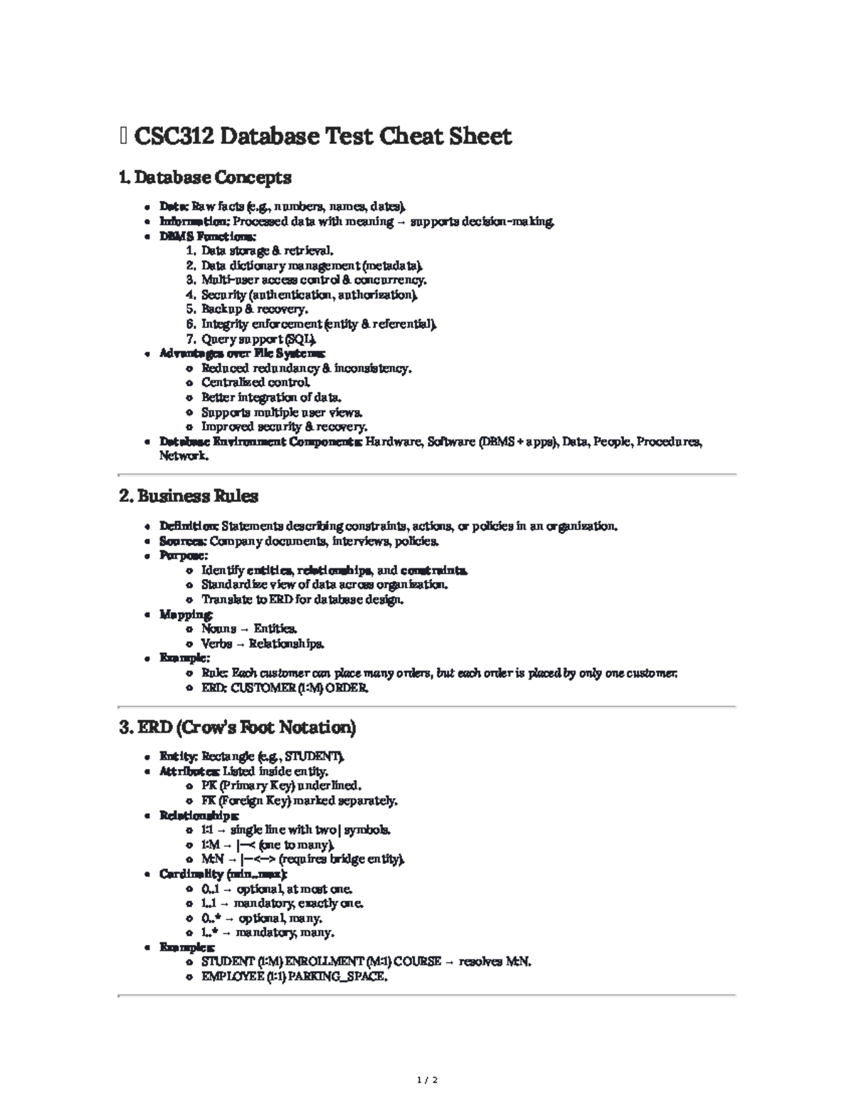 CSC312 Database Test Cheat Sheet: Key Concepts & ERD Overview - Studocu