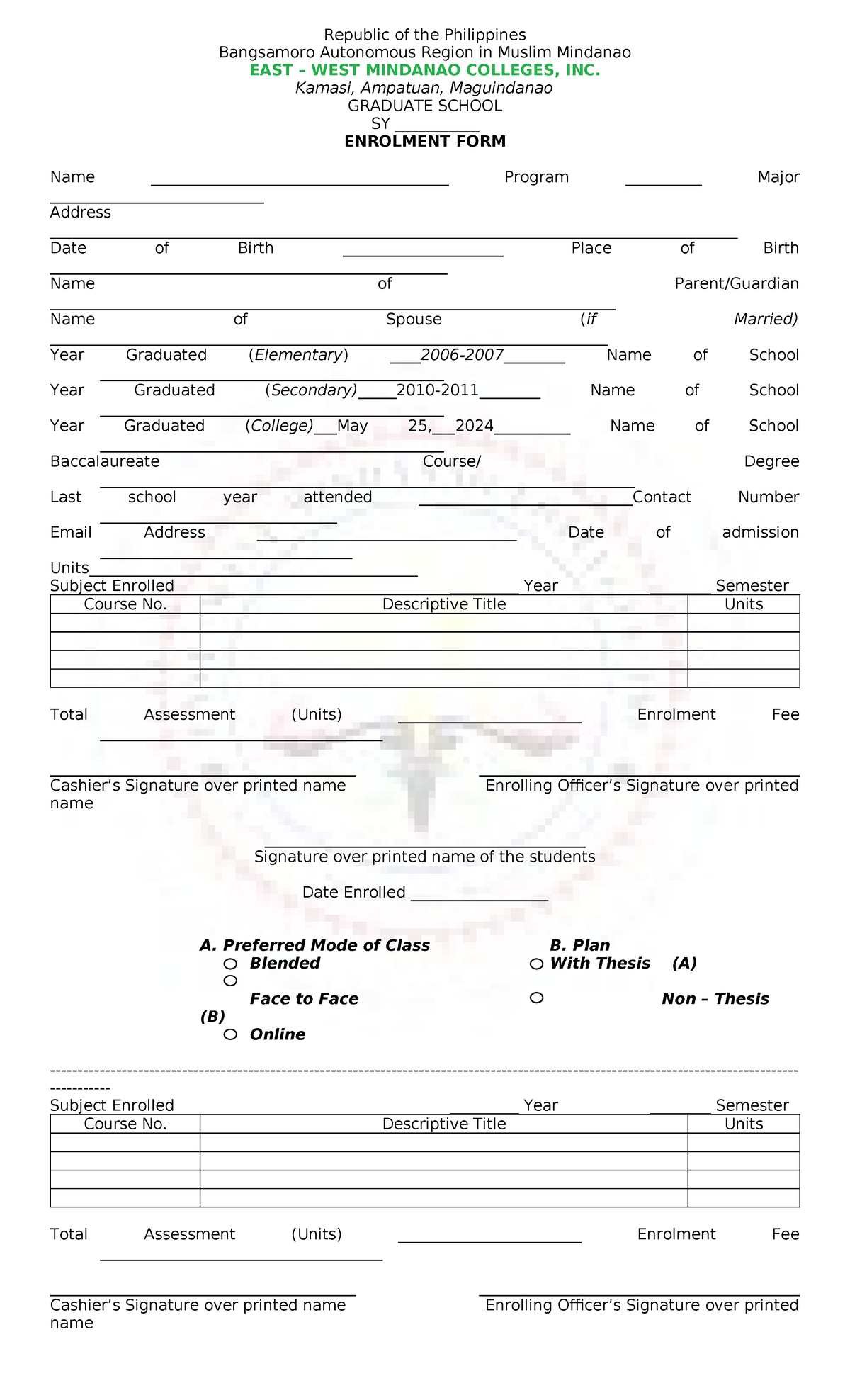 Enrolment Form 2025 - Graduate School SY at East West Mindanao Colleges ...