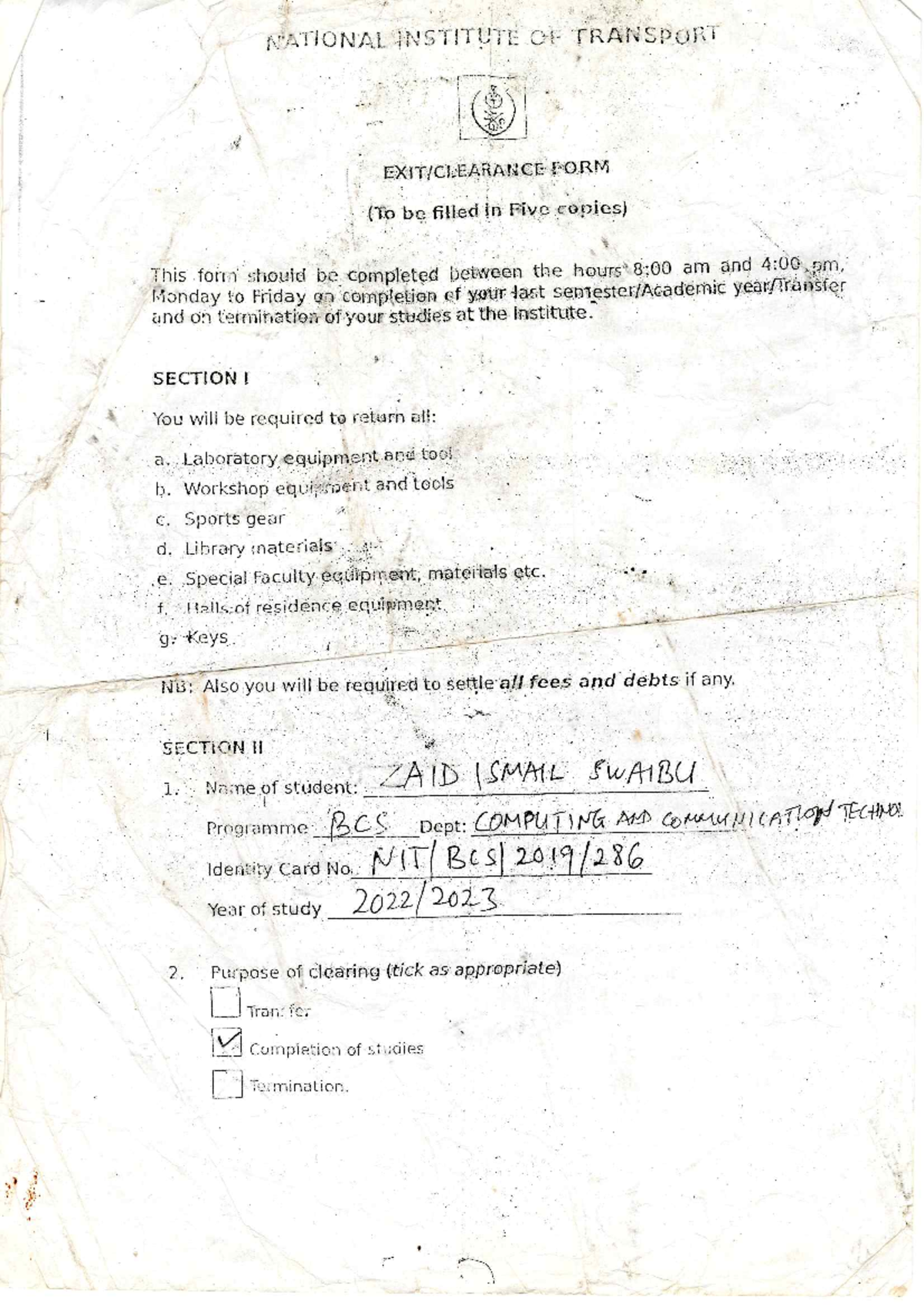 Clearance Form for NIT - HHH (National Institute of Transport) - Studocu