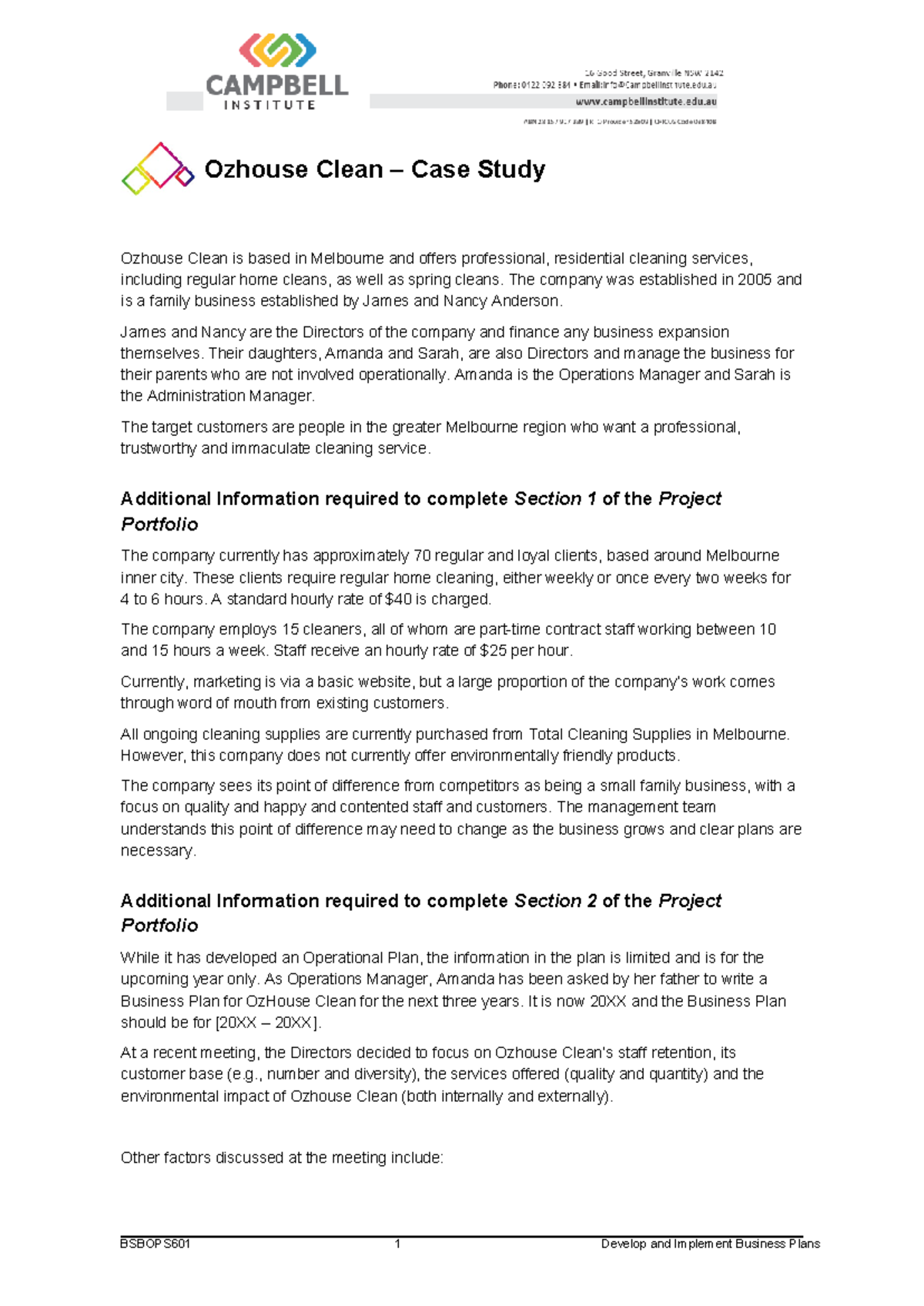 Ozhouse Clean - Case Study & Operational Plan BSBOPS 601 - Studocu