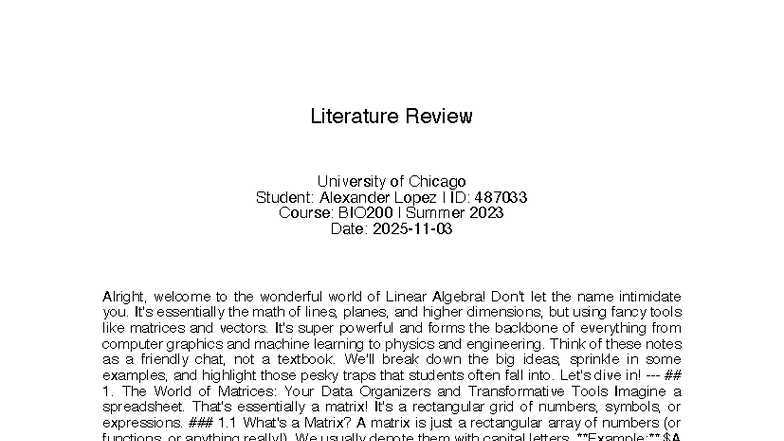 BIO200 Summer 2023: Linear Algebra Notes and Matrix Operations - Studocu