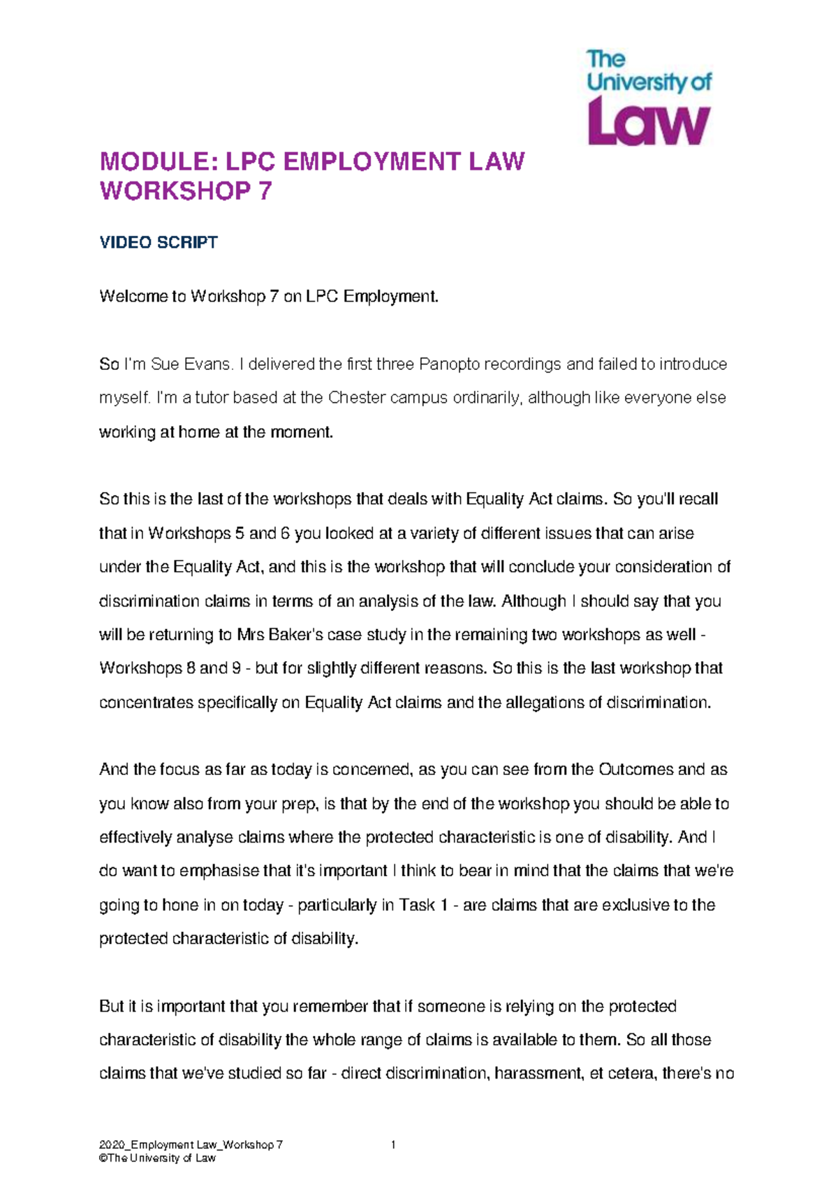 LPC Employment Law Workshop 7: Disability Claims Analysis - Studocu