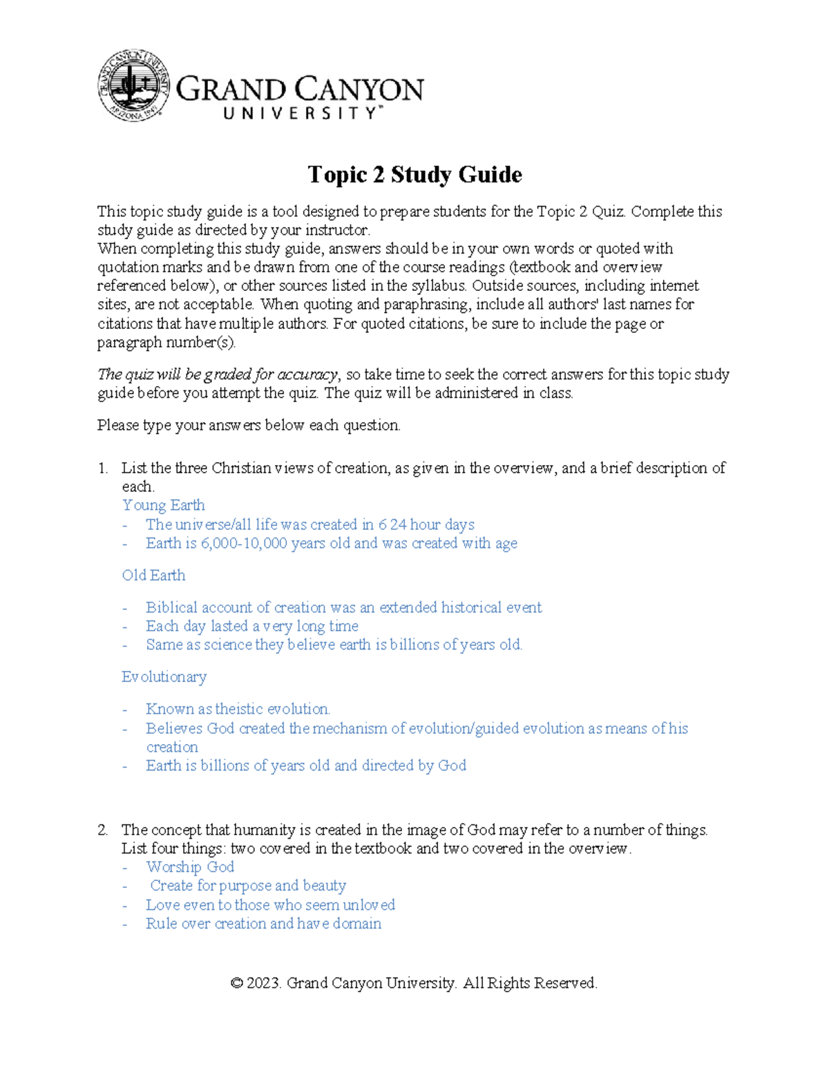 CWV 101 301 RS T2 Quiz Study Guide on Creation Themes and Concepts ...