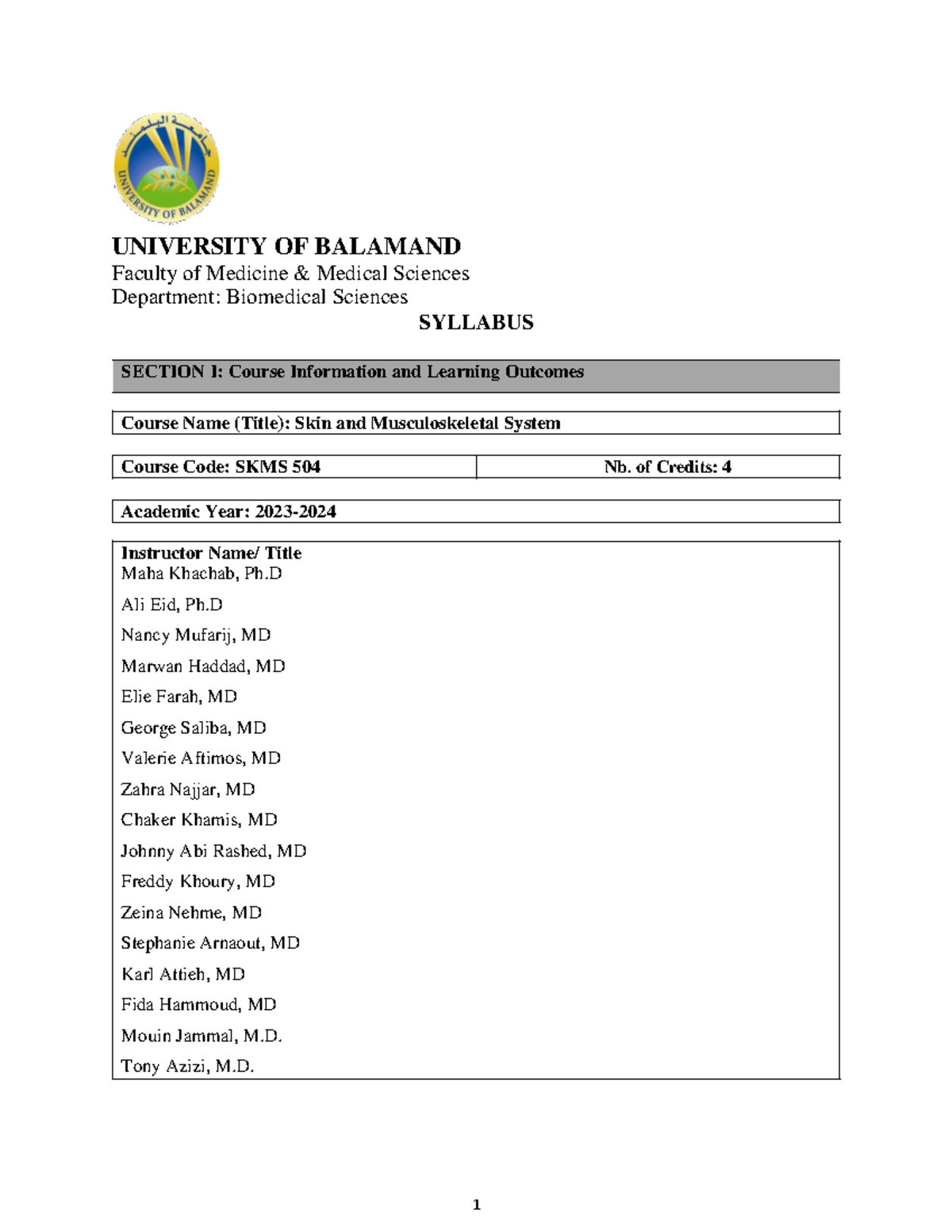 Syllabus for SKMS 504: Skin and Musculoskeletal System (AY 2023-2024 ...