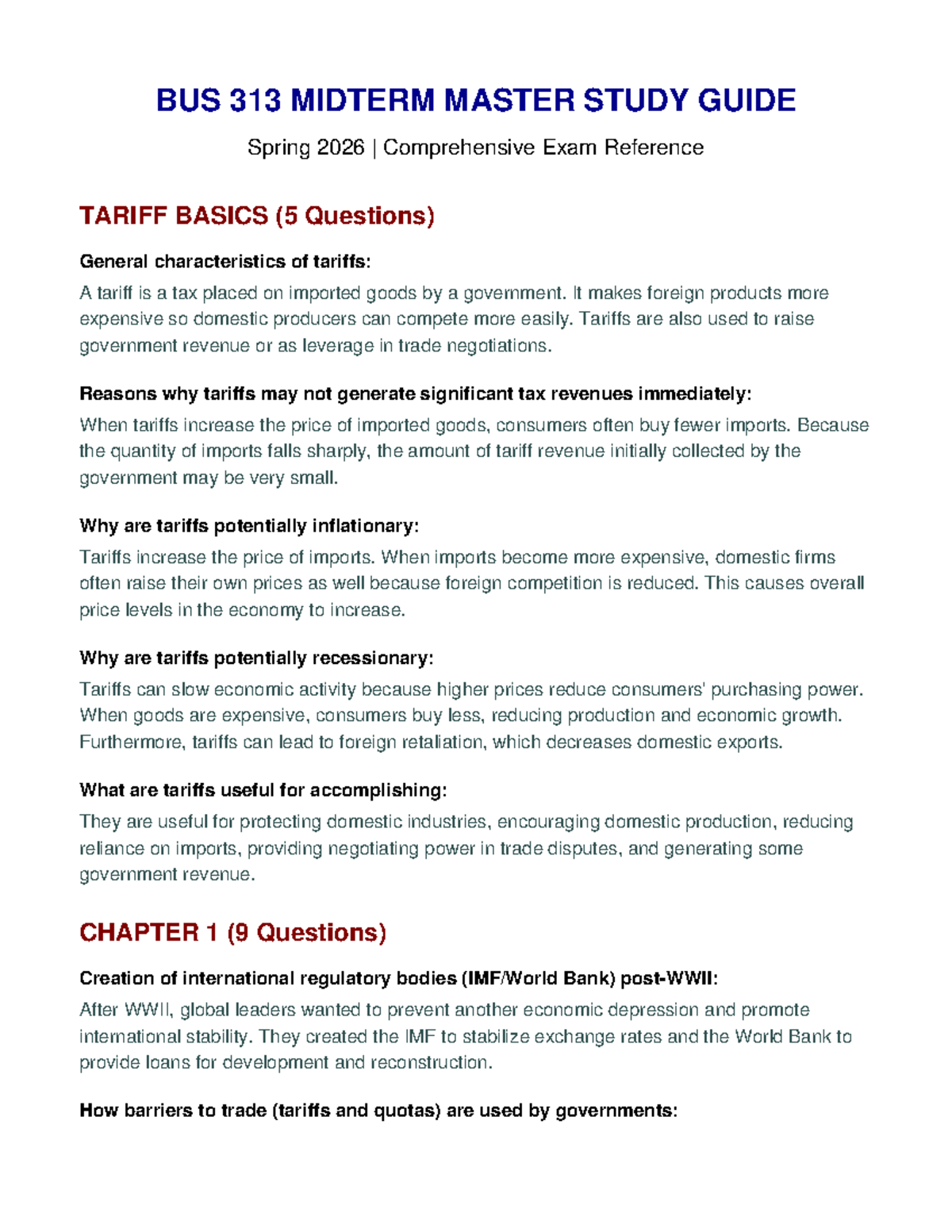 BUS 313 MIDTERM MASTER STUDY GUIDE Spring 2026: Tariffs & Trade ...