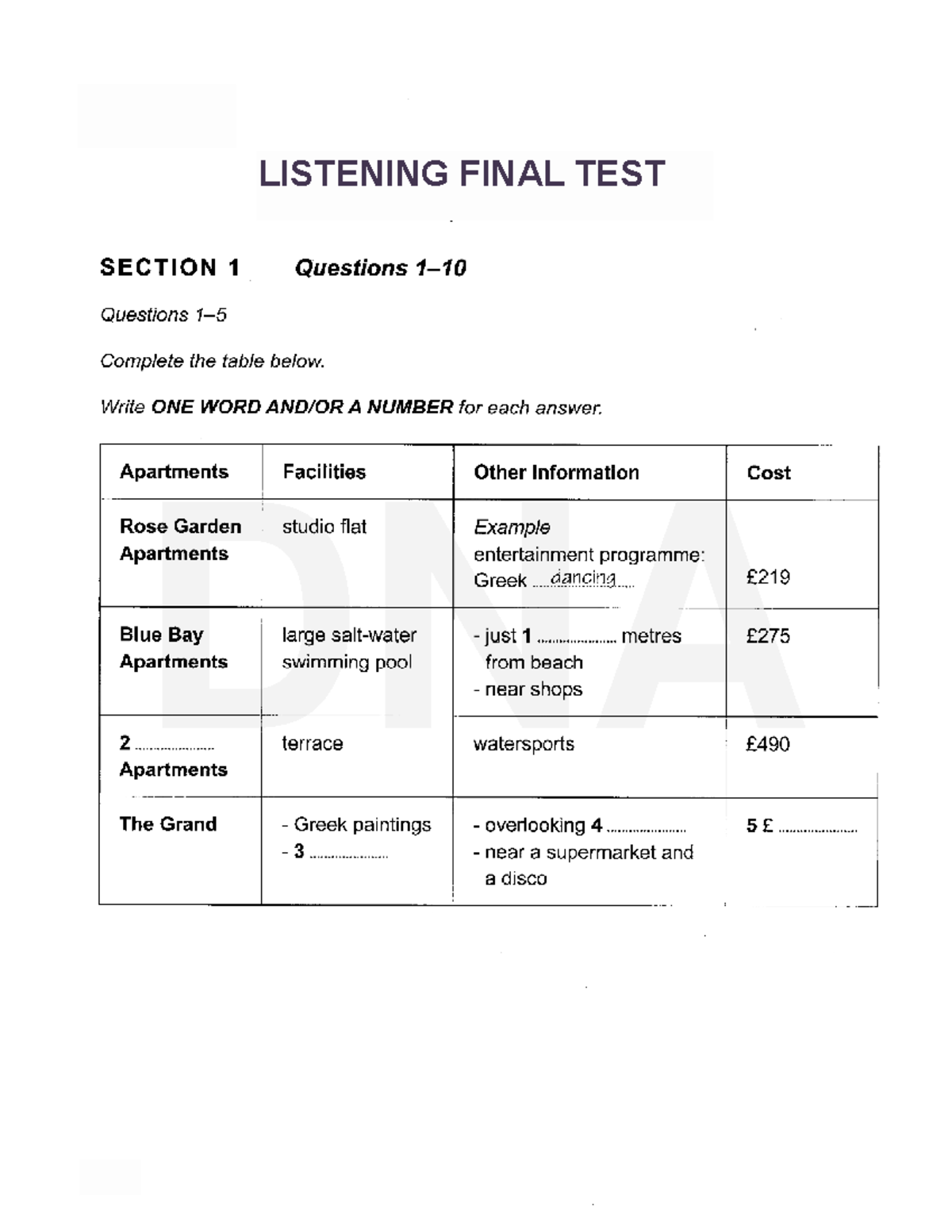 Listening Final Test - Section 1 & 3 Questions - Studocu