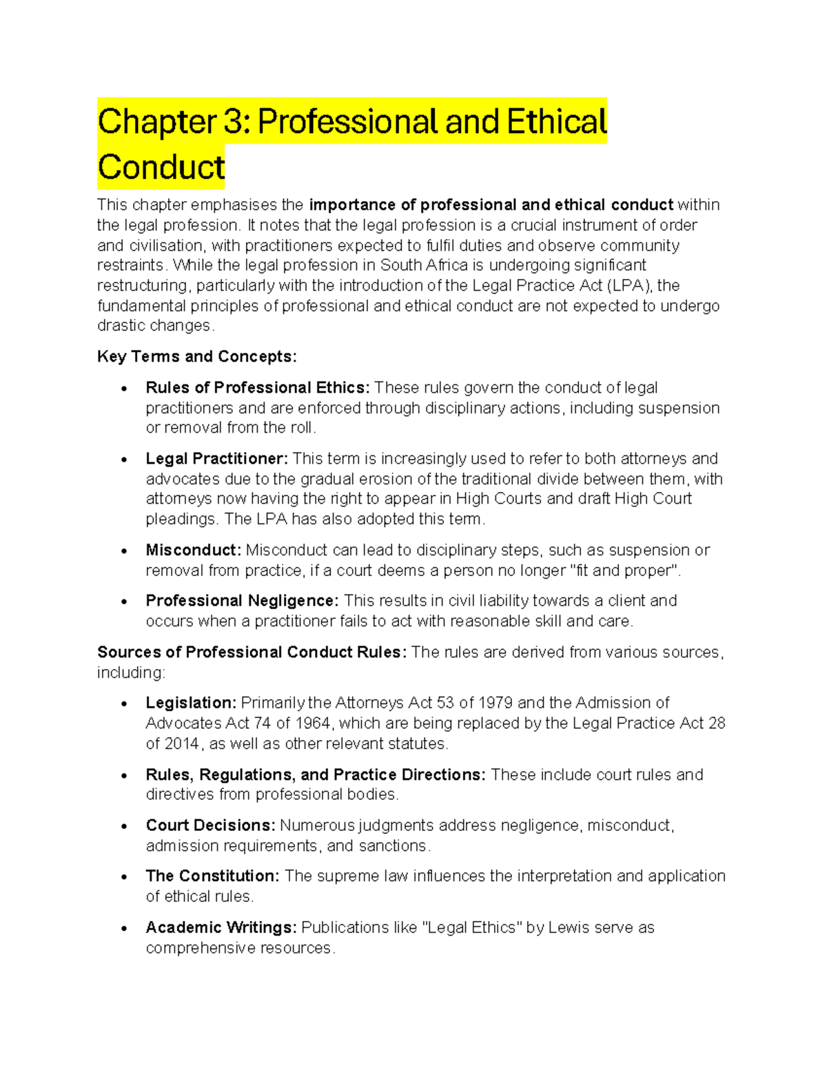 LPLS 101: Chapter 3 Summary on Professional and Ethical Conduct - Studocu