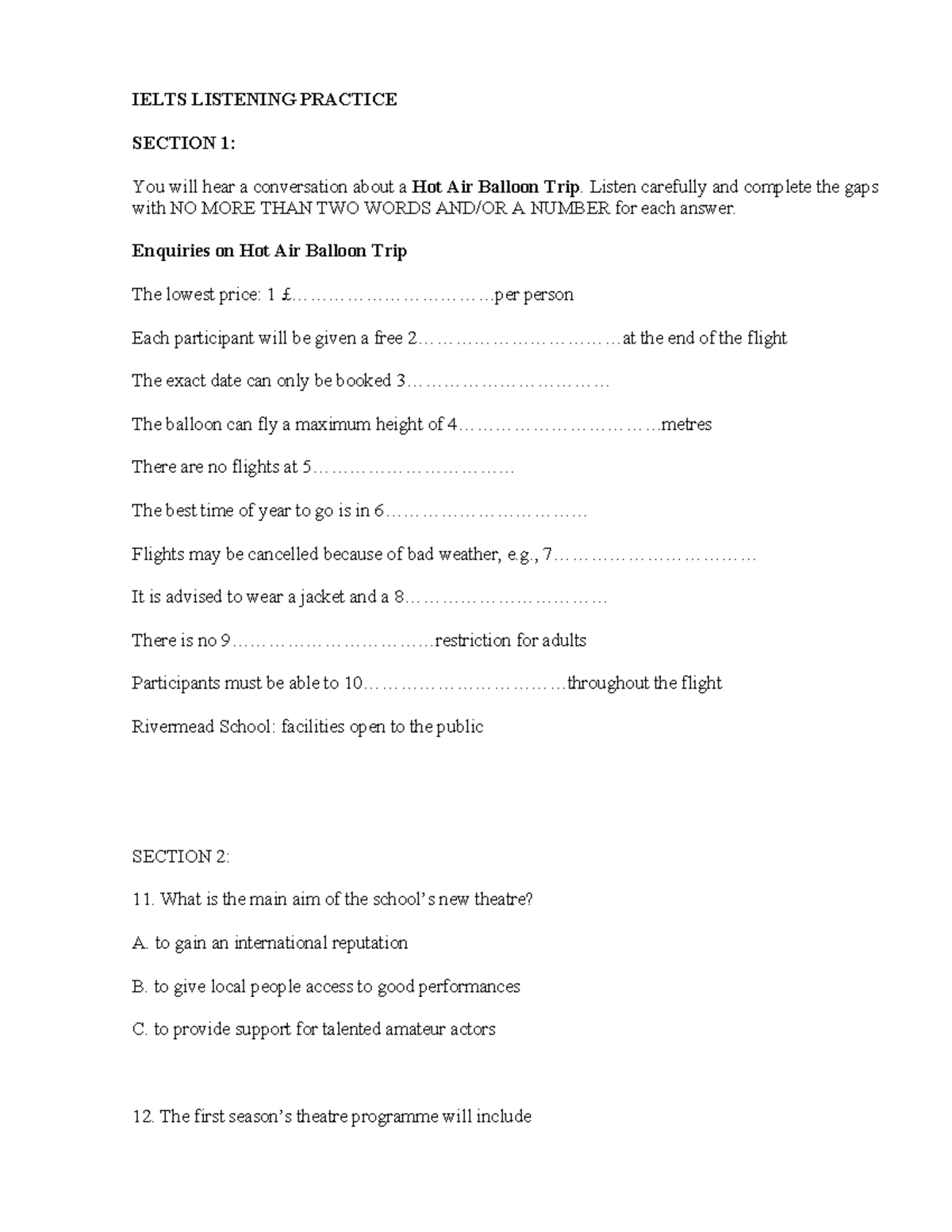 LIS TEST 1: IELTS Listening Practice for Hot Air Balloon Trip - Studocu