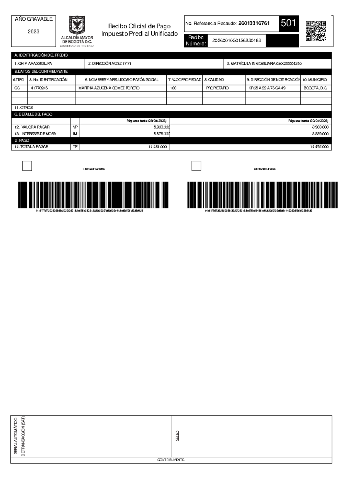 Recibo Oficial de Pago Impuesto Predial Unificado 2023 - Studocu