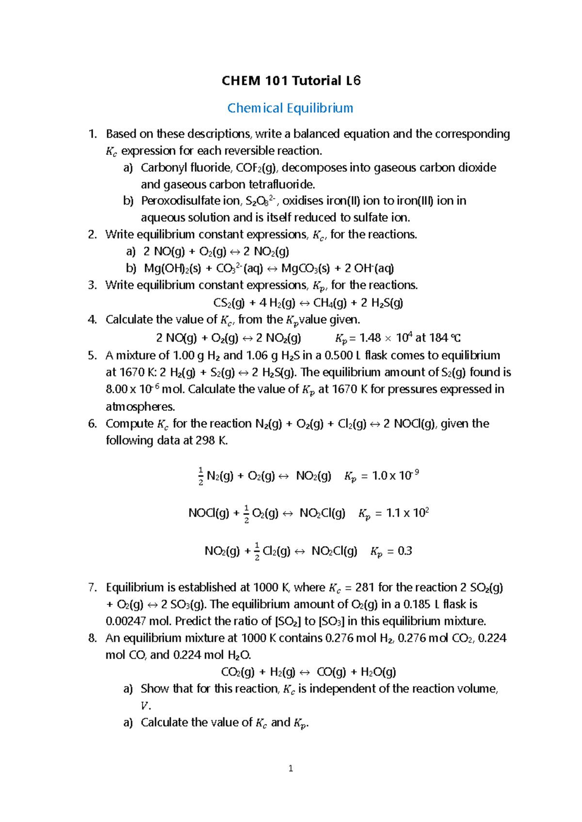 CHEM 101 Tutorial L7: Chemical Equilibrium Concepts & Calculations ...