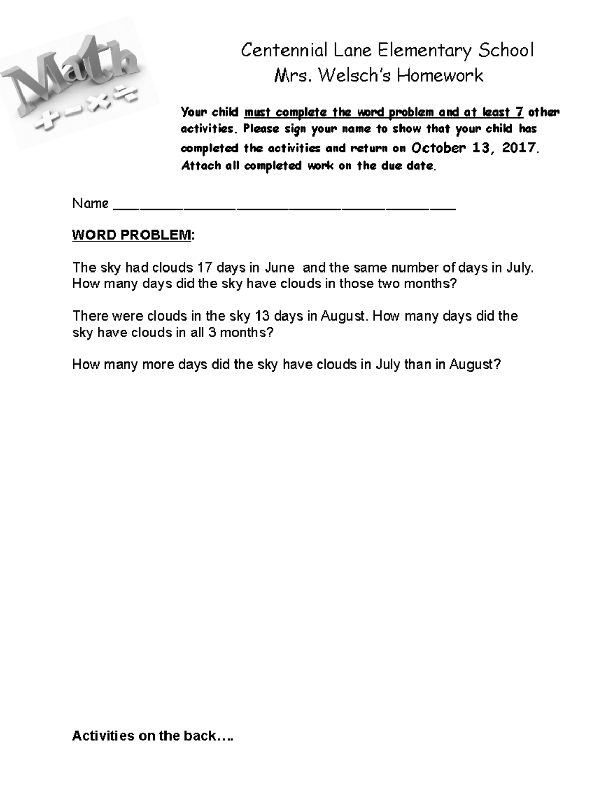 Mrs. Welsch's Math HW - Word Problems & Activities Guide - Studocu