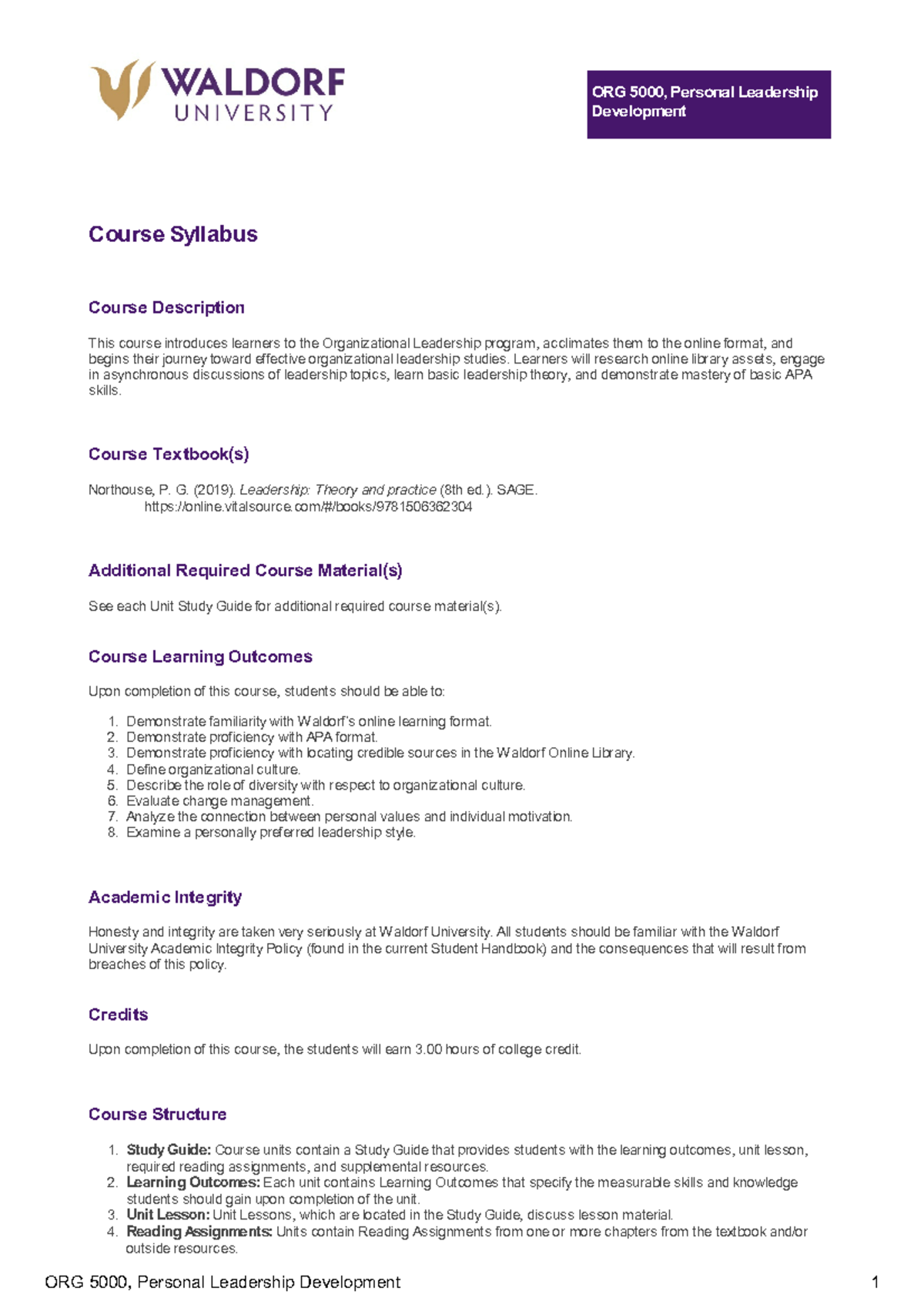 ORG 5000, Syllabus for Personal Leadership Development Course - Studocu