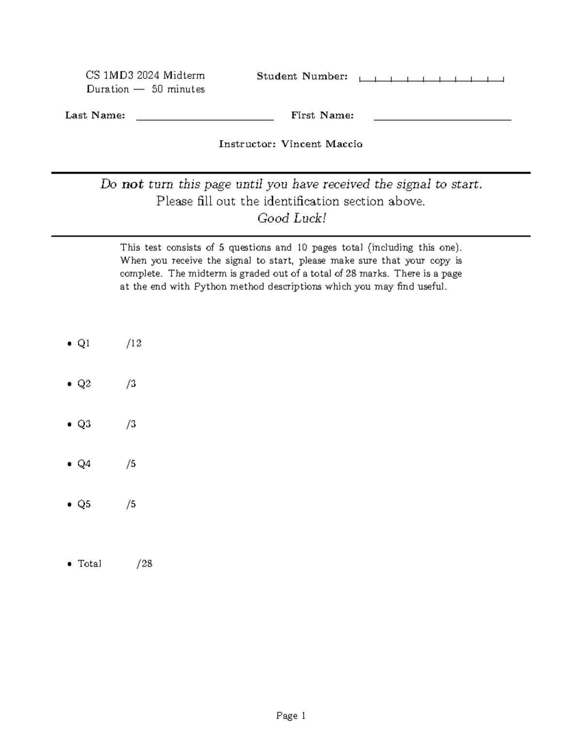 CS 1MD3 2024 Midterm Exam - Python Programming Questions - Studocu