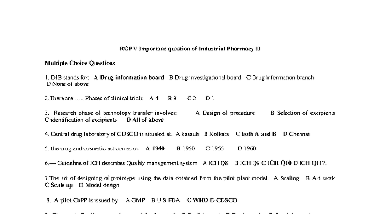 RGPV Important Questions for Industrial Pharmacy II MCQs & Discussions ...