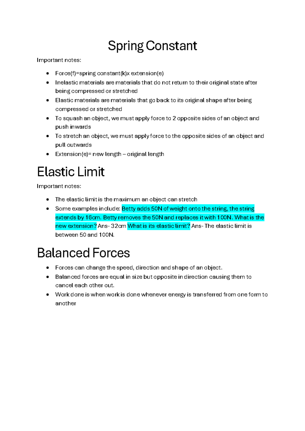 Spring Constant and Balanced Forces Notes (Physics 101) - Spring ...