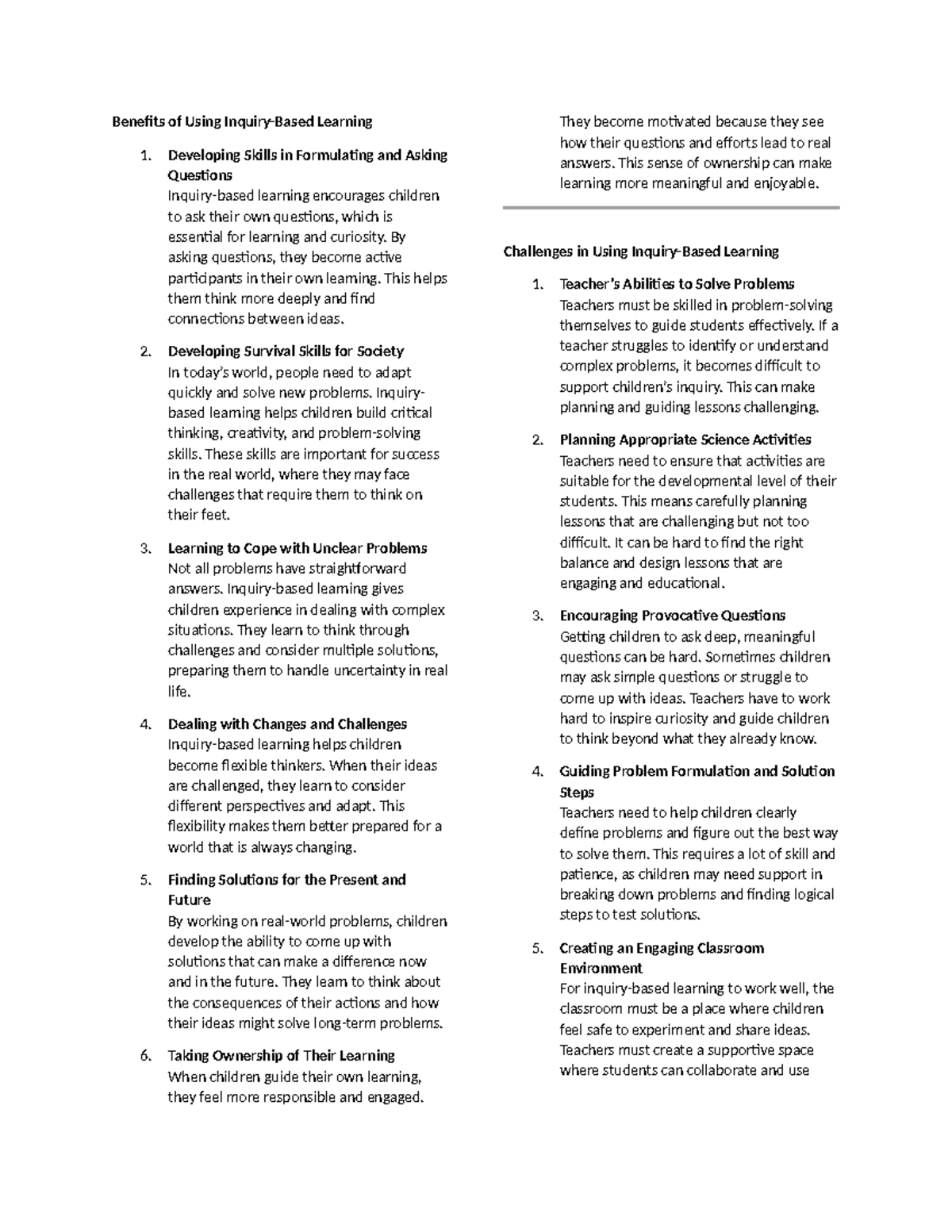 Benefits of Using Inquiry - Benefits of Using Inquiry-Based Learning 1 ...