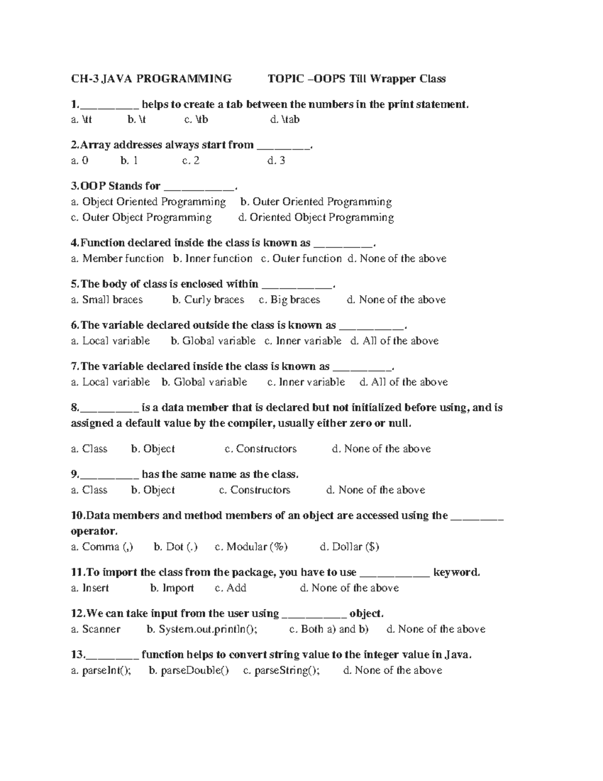 Java Programming MCQs - CSXVD - Studocu