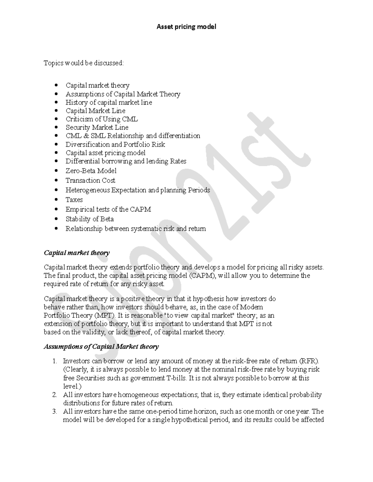 CAPM - Lecture Notes 2: Capital Market Theory & Pricing Models ...