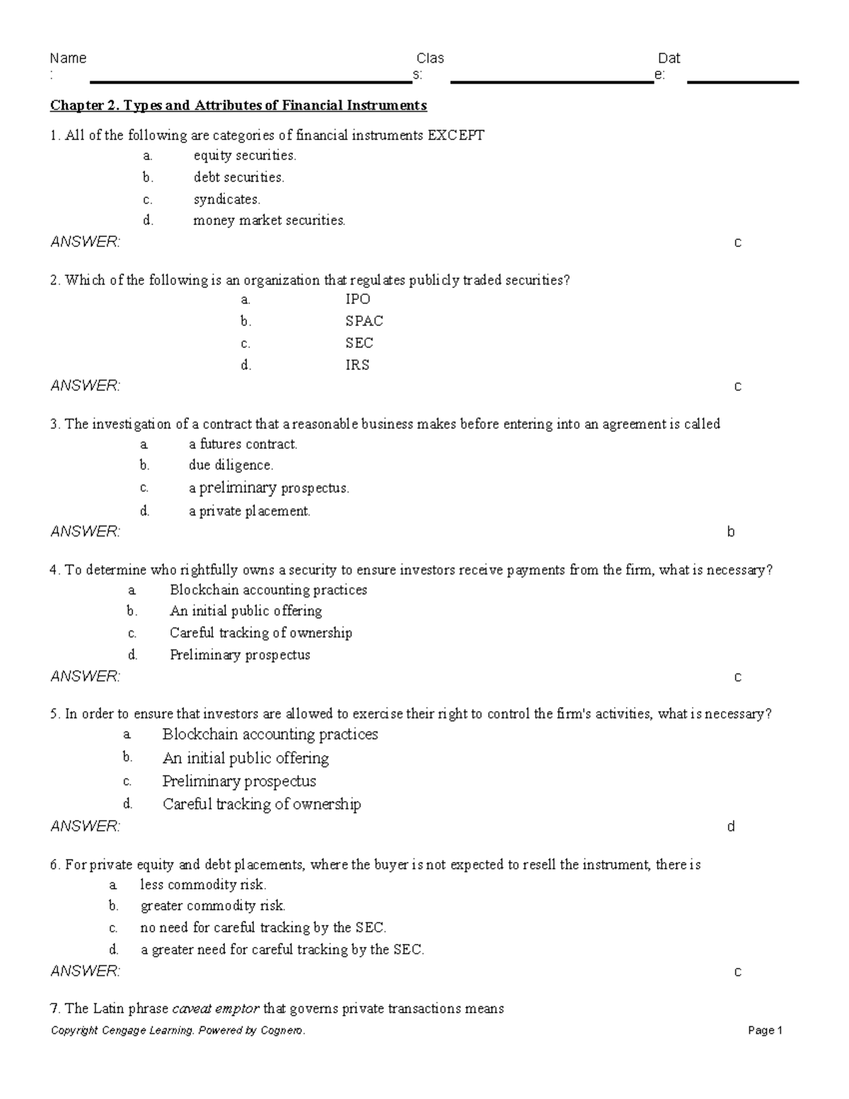 Chapter 2 - Test Bank: Types and Attributes of Financial Instruments ...