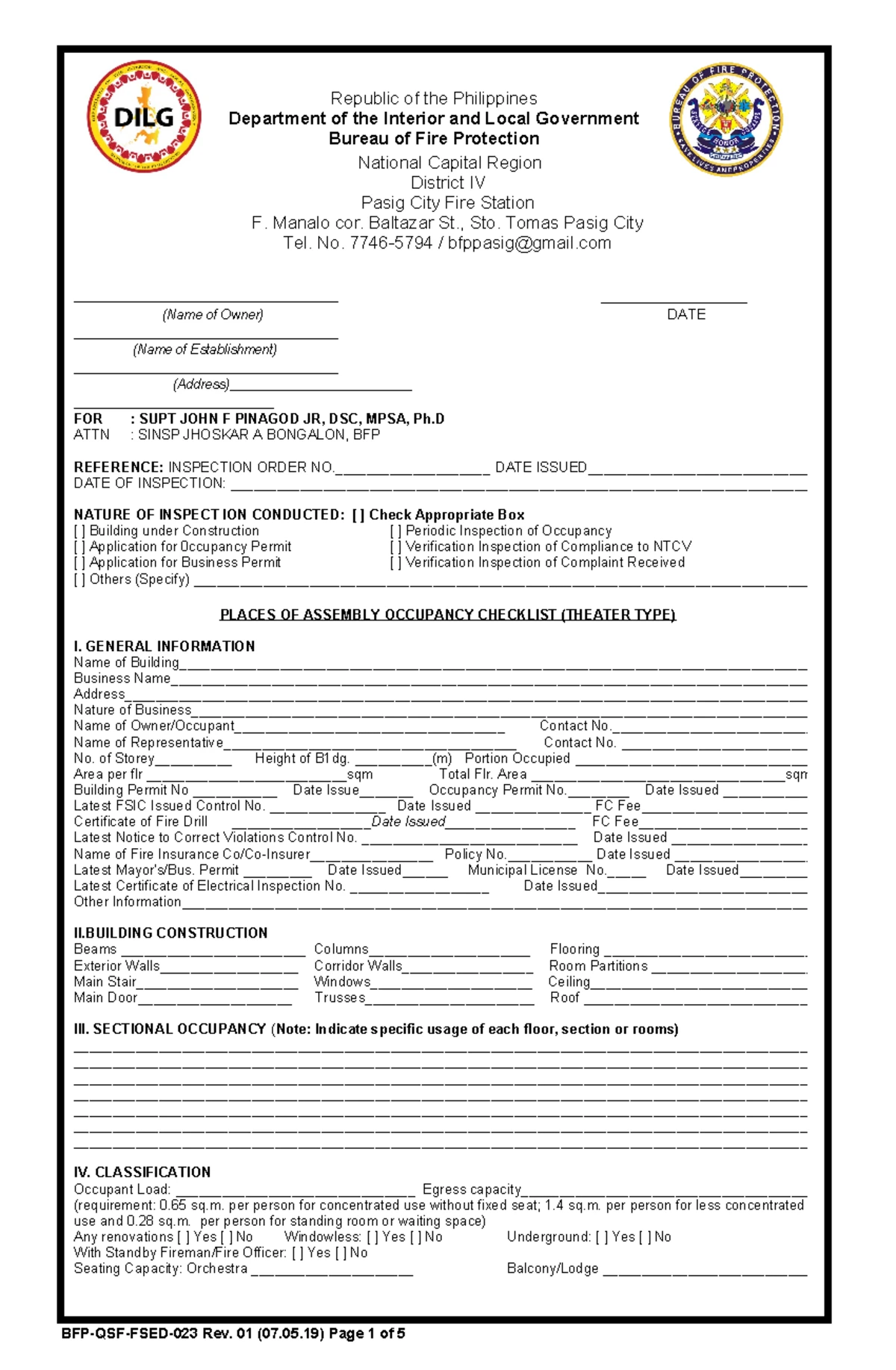 FSED 026 Gasoline Service Station Inspection Checklist Rev01 07/05/19 ...