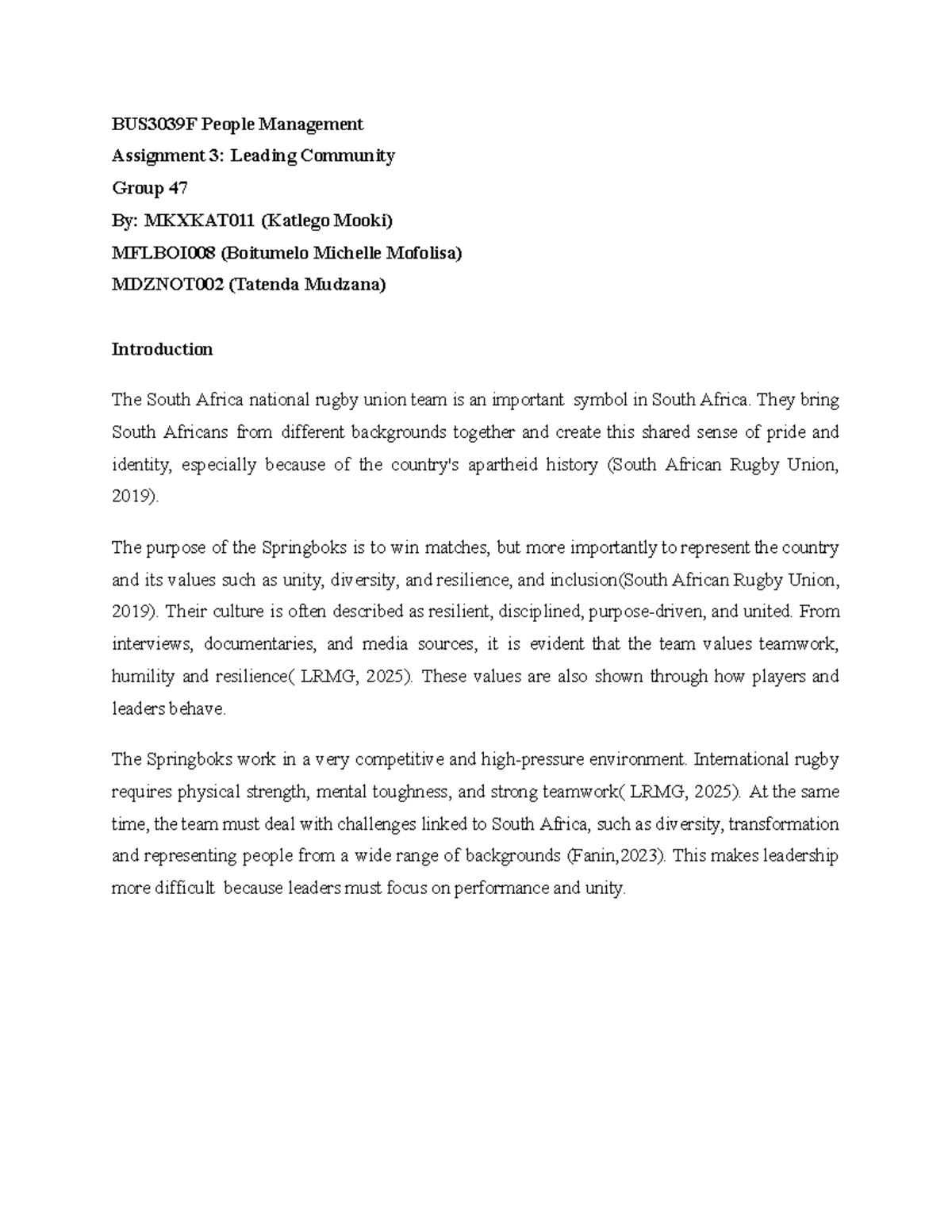 BUS3039F People Management Assignment 3: Leadership in the Springboks ...