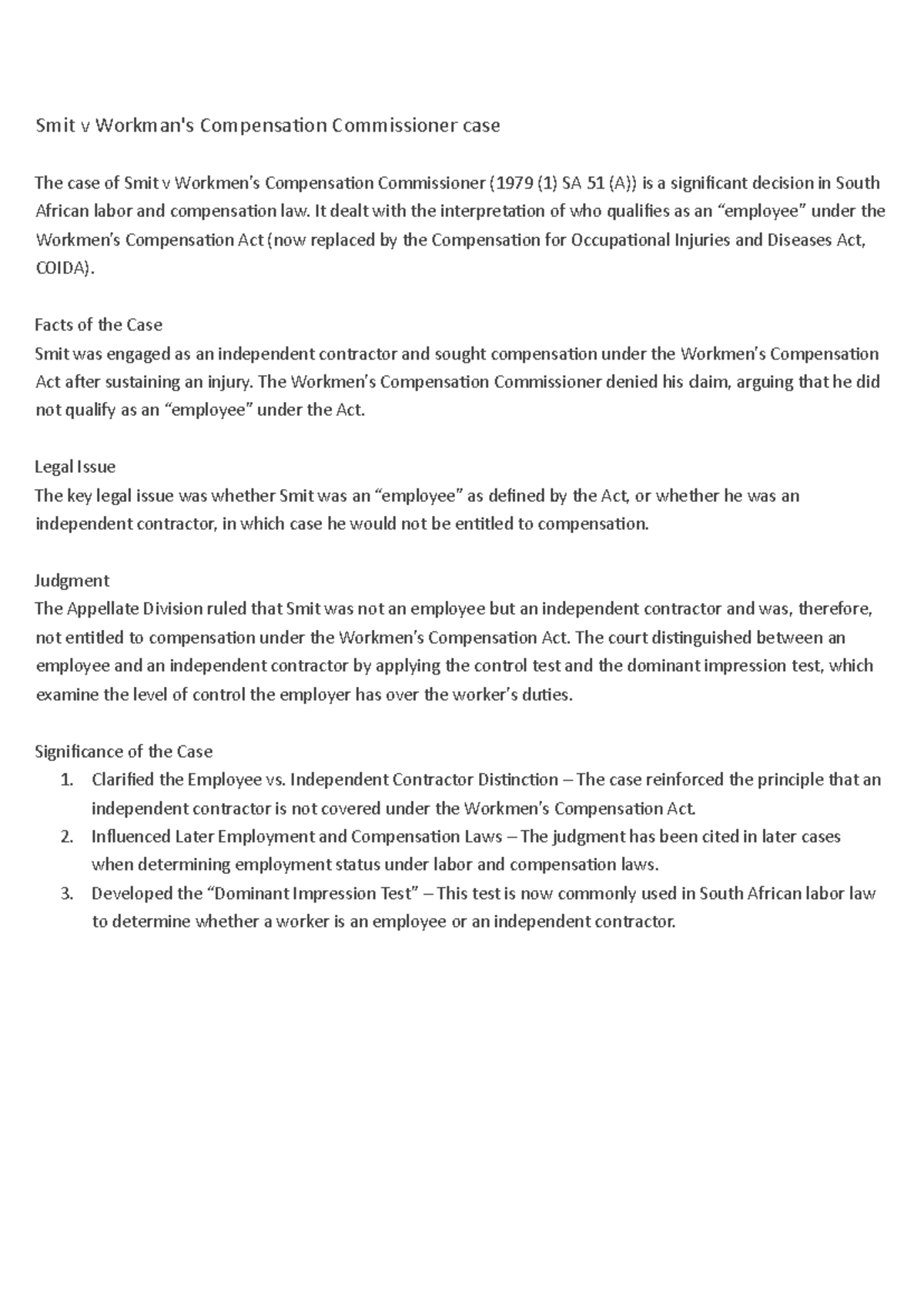 Smit v Workman's Comp Comm: Employee Status & Legal Implications - Studocu
