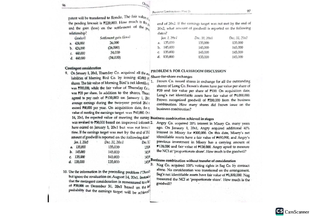 Business Combinations (Part 2) - Exercises and Goodwill Analysis CS 98 ...