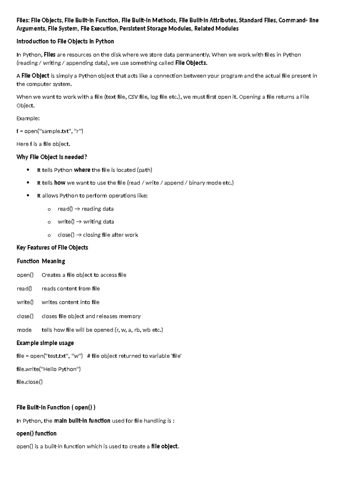 Python Unit 2 Part 1: Introduction to File Objects and Functions - Studocu