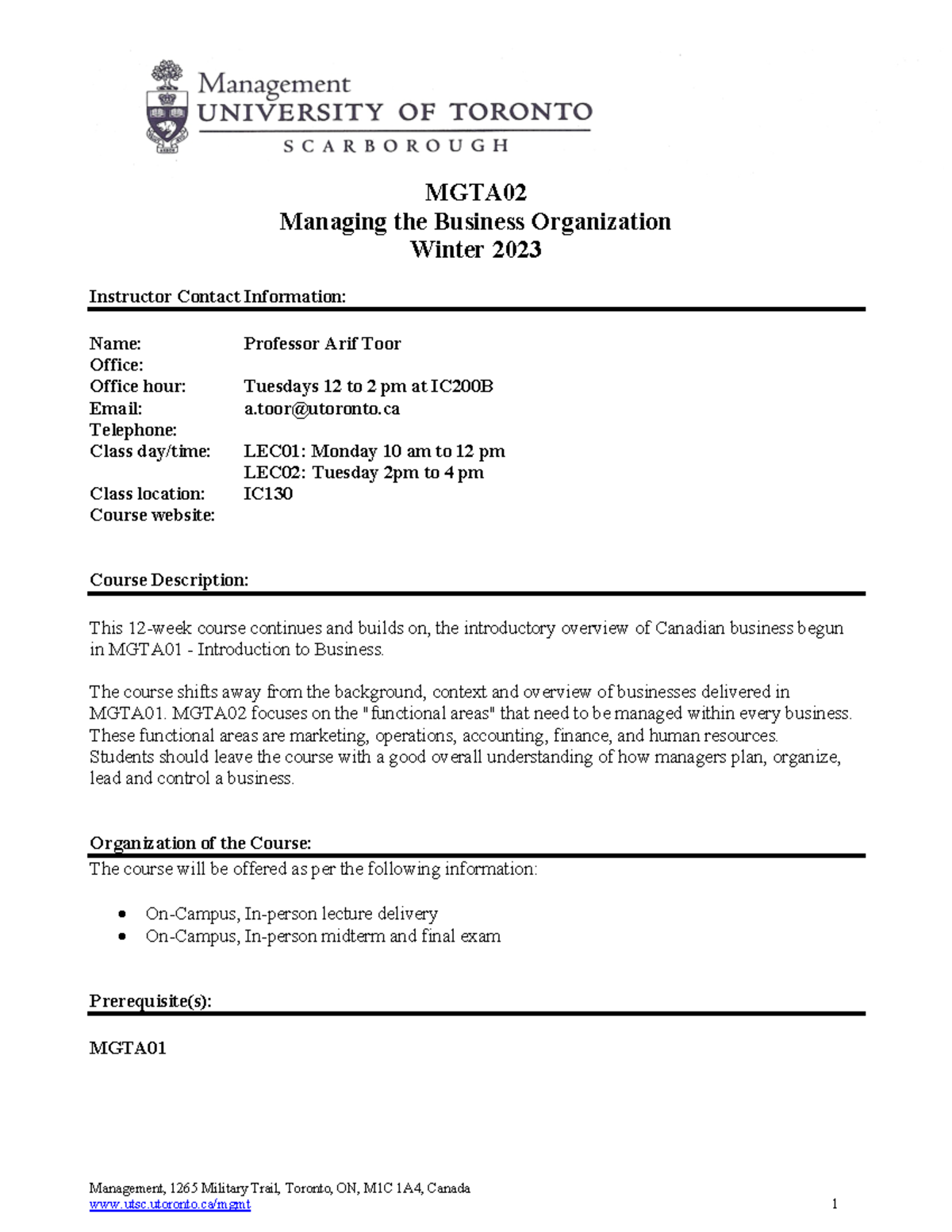 MGTA02 Course Outline - Managing the Business Org. Winter 2023 - Studocu