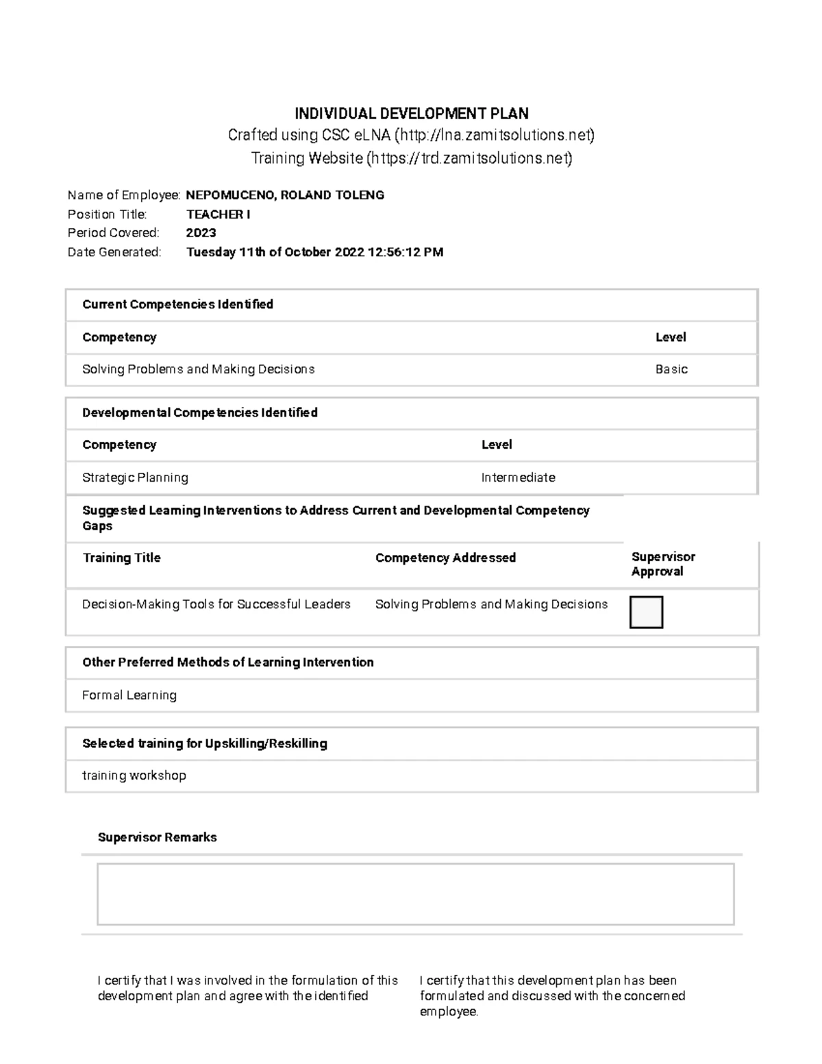 CSC 2023 Individual Development Plan Review for Teacher 1 - Studocu