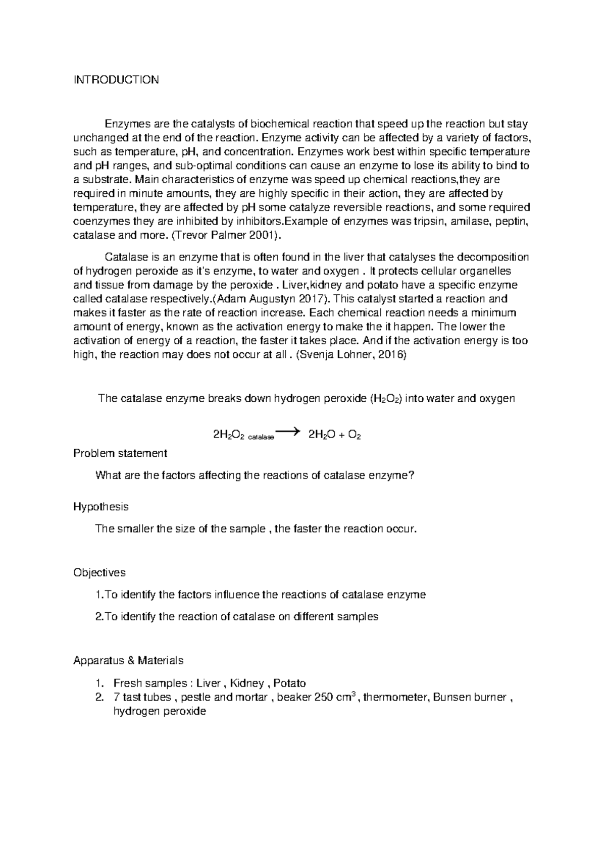 Bio 150 Lab Report: Factors Affecting Catalase Enzyme Reactions - Studocu