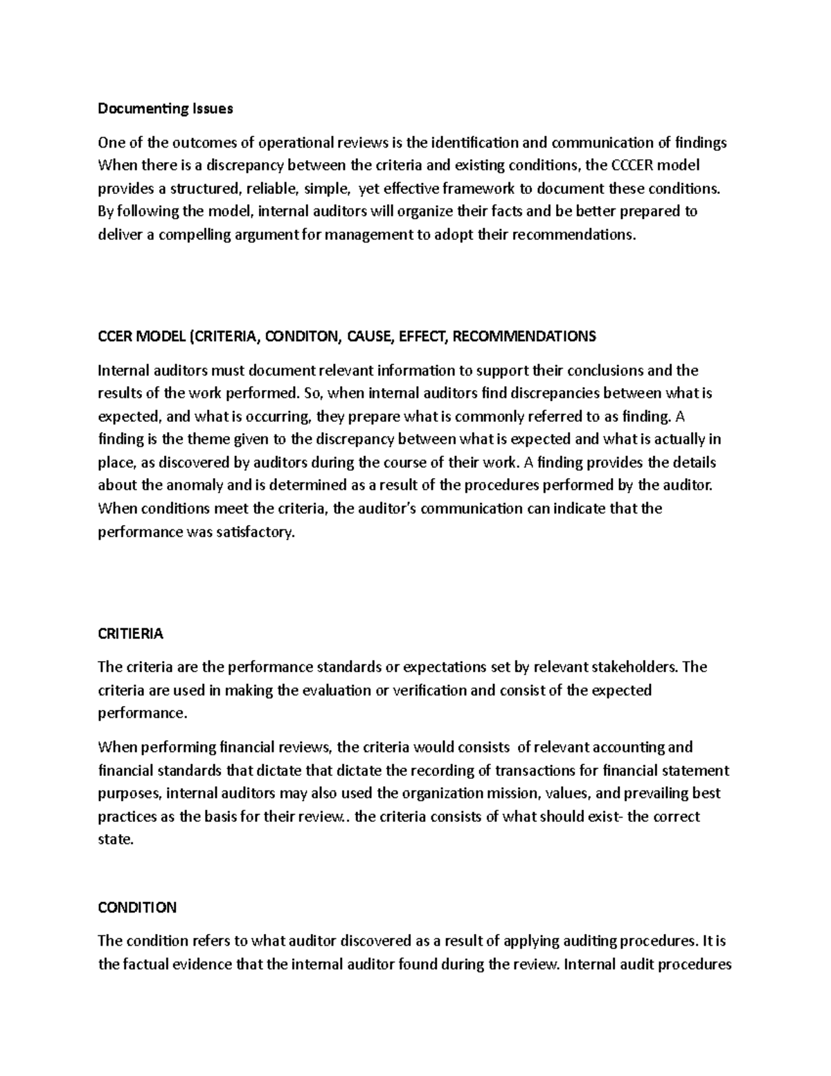 CCER Model: Documenting Findings and Recommendations in Audits - Studocu