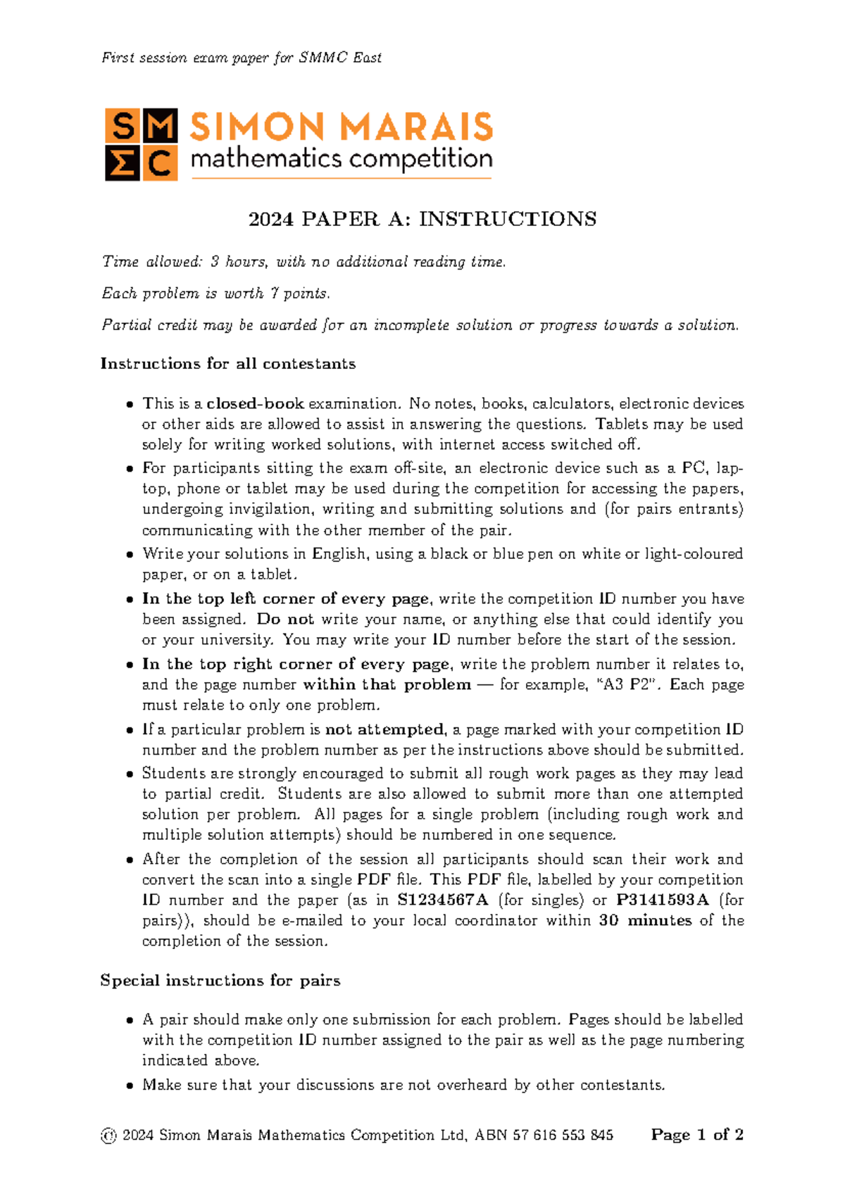 Smmc2024papera - A university math competition in 2024 - First session ...