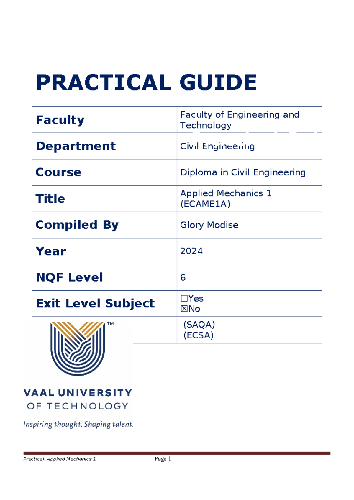 Applied Mechanics 1 Practical Guide (ECAME1A) - 2024 Semester 2 - Studocu