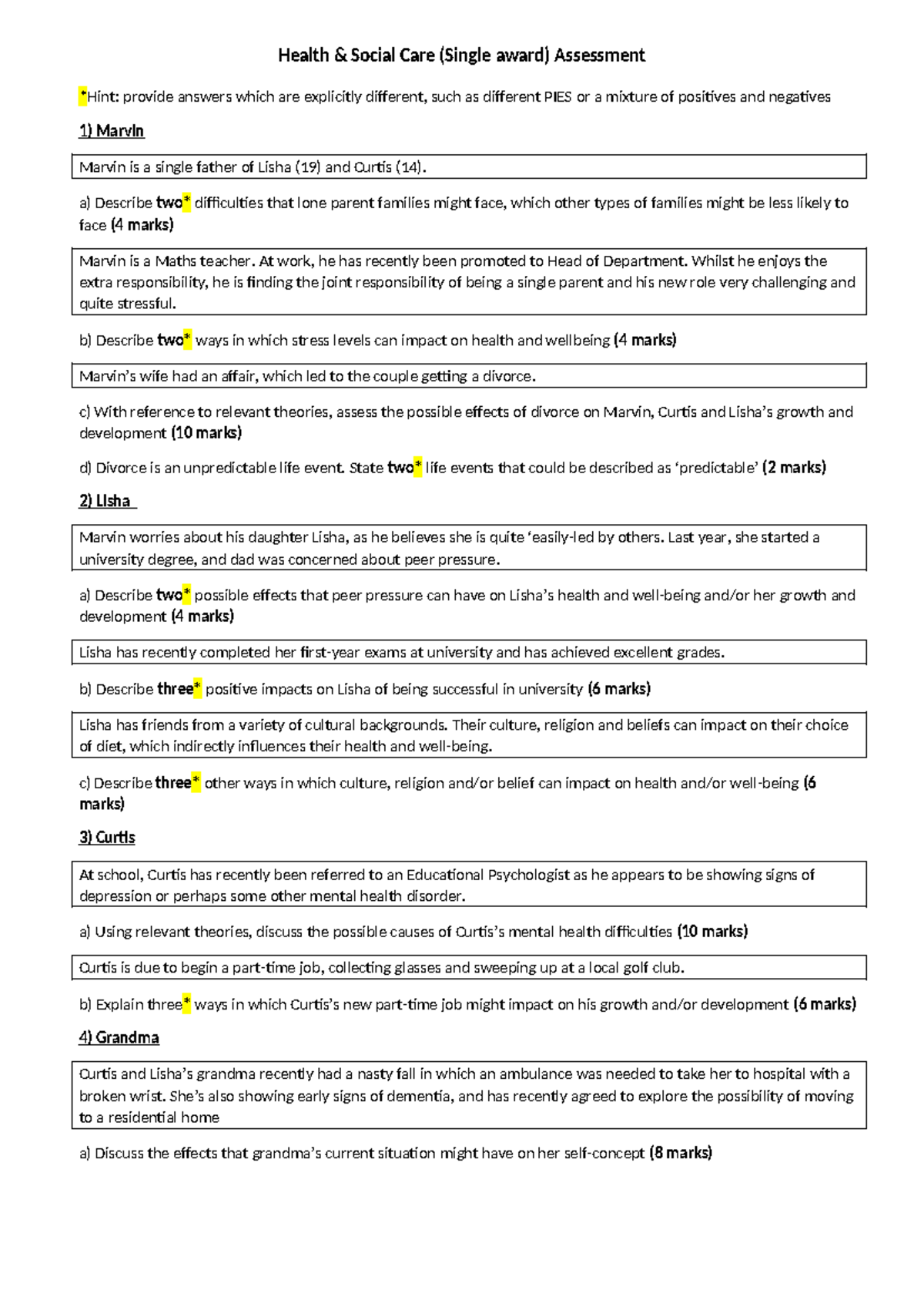 Health & Social Care (Single Award) Assessment: PIES & Life Events ...