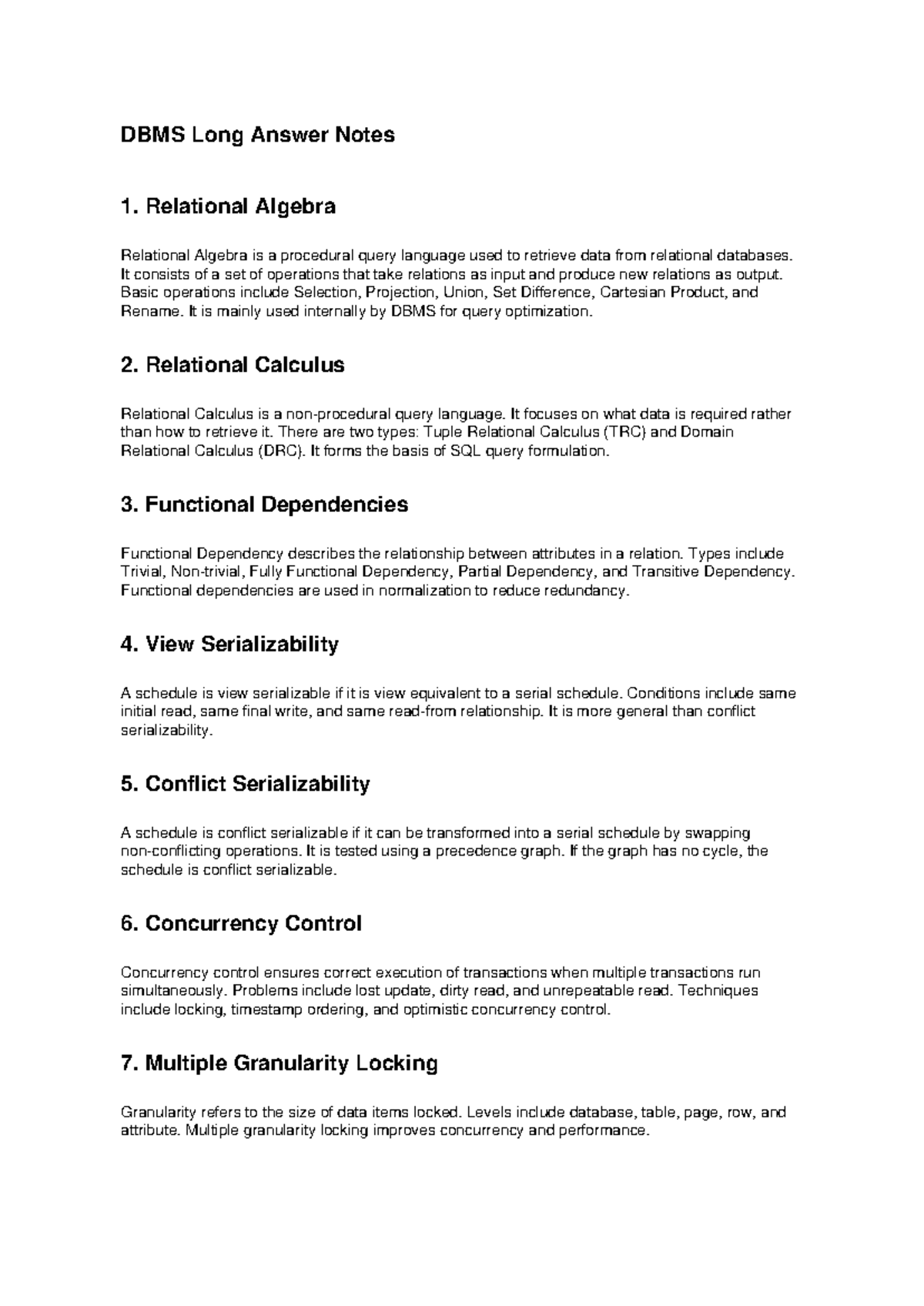 DBMS Long Answer Notes: Relational Algebra & Calculus Insights - Studocu
