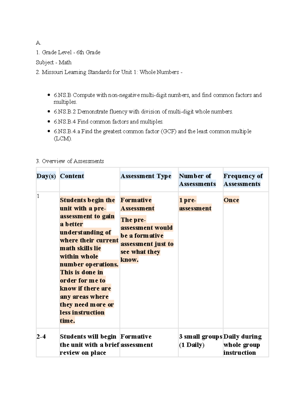 Unit 1 Math Assessments for 6th Grade: Whole Numbers & Operations - Studocu