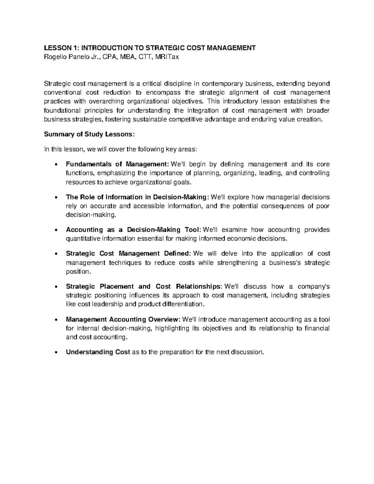 LESSON 1: INTRODUCTION TO STRATEGIC COST MANAGEMENT (ACCT 101) - Studocu