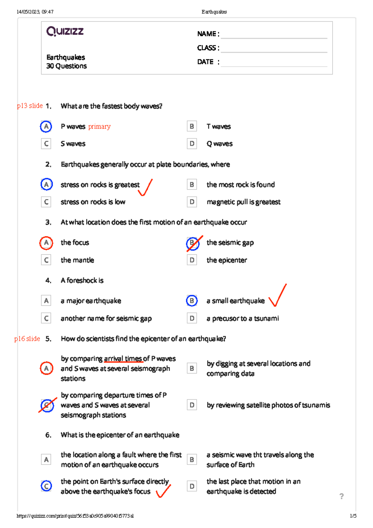Earthquakes - Earth Science Quiz Questions and Answer Key - Studocu