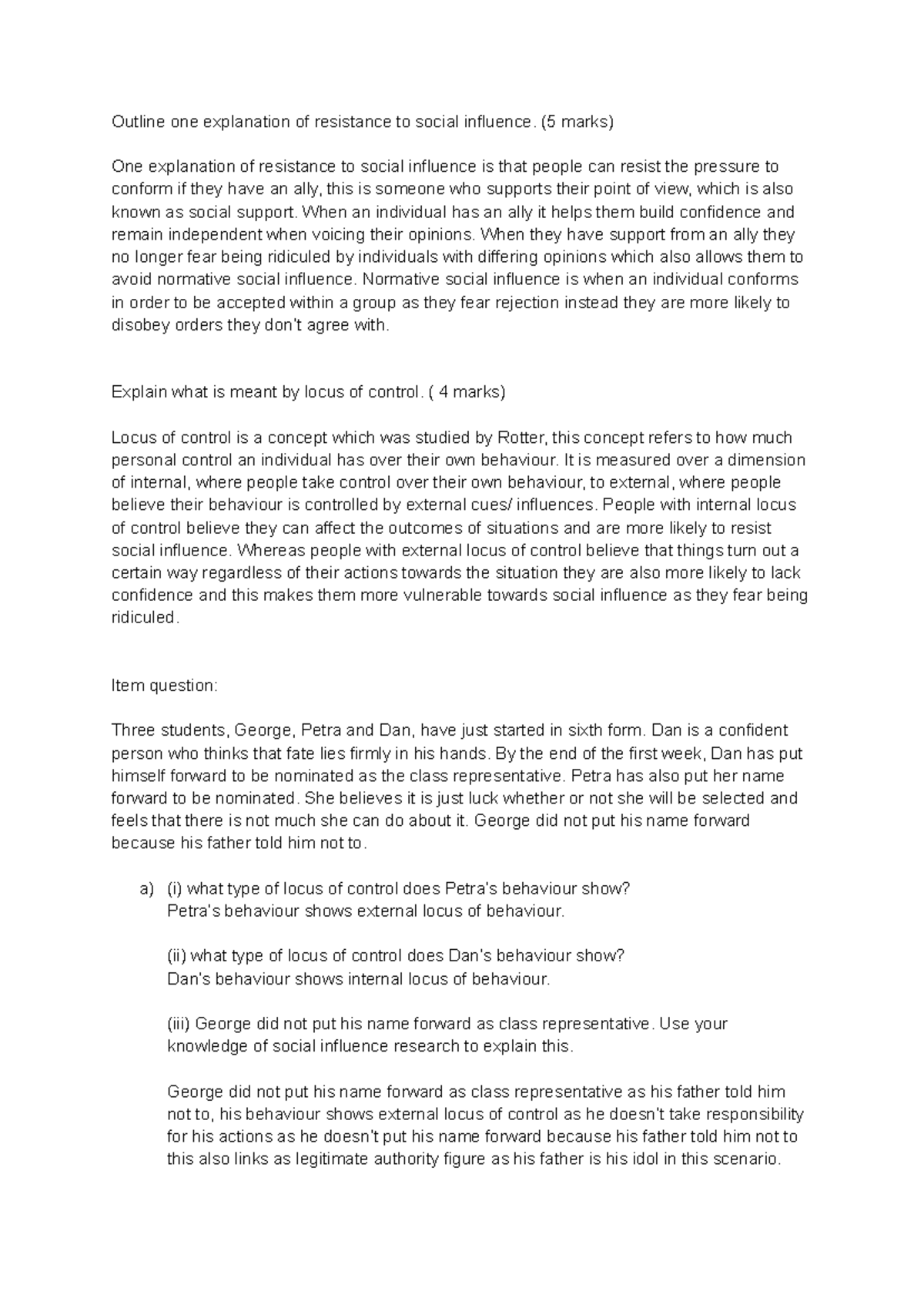 Psychology Social Influence Exam Questions: Resistance & Locus of ...