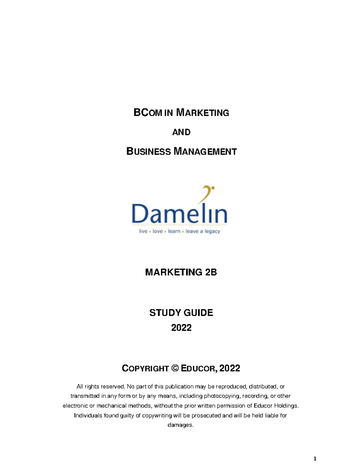 Study Guide Marketing 2B - BCOM IN MARKETING AND BUSINESS MANAGEMENT ...