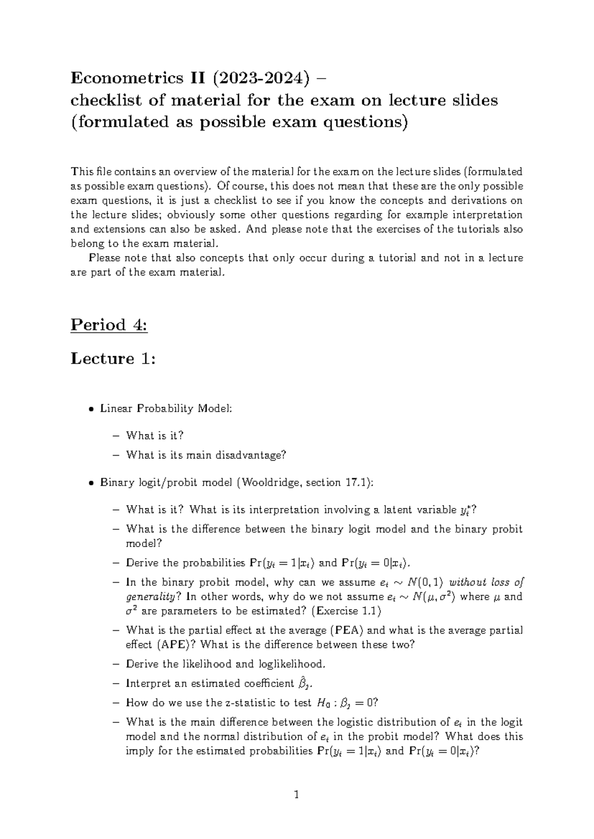 Exam Checklist for Lectures 1-4 (VU Econometrics II 2024) - Studeersnel