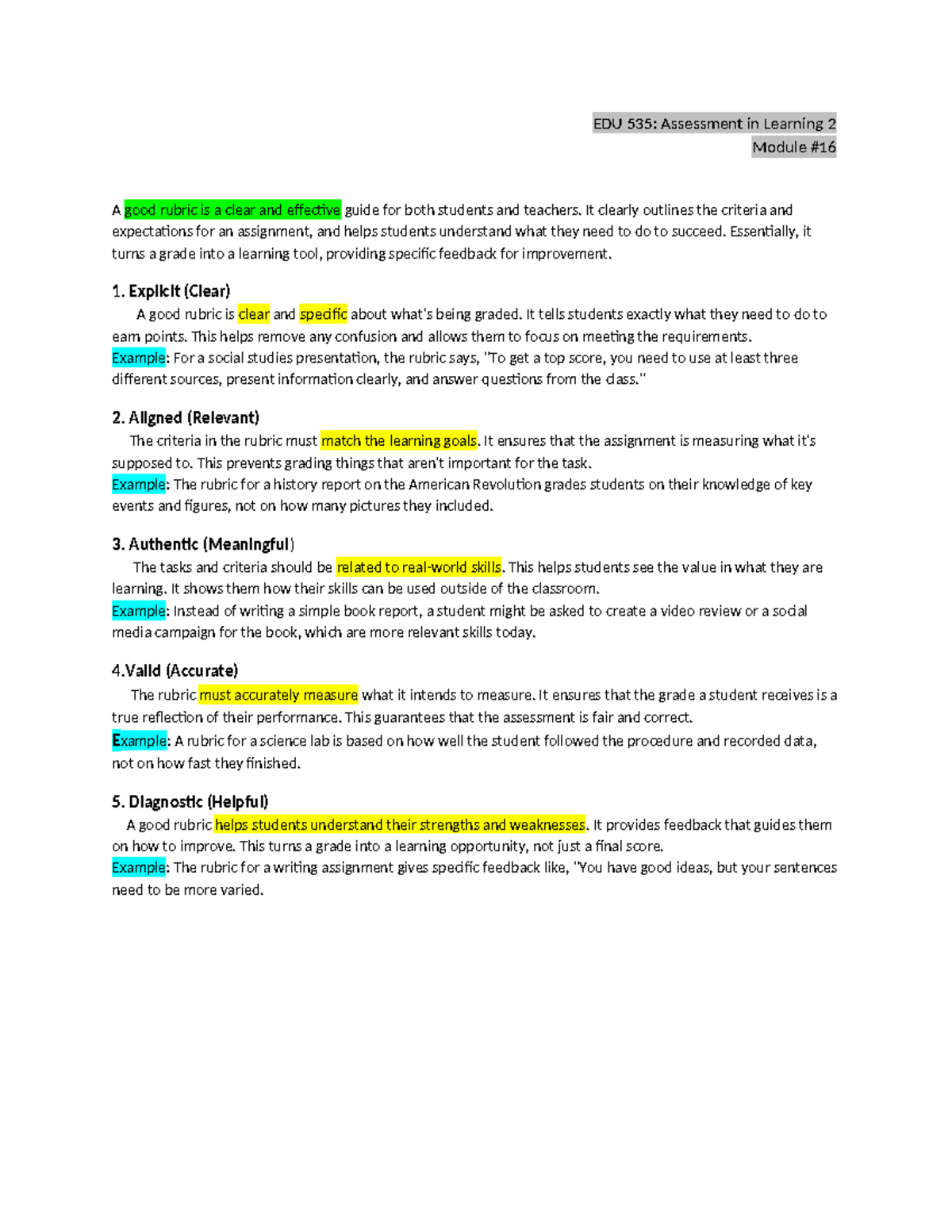 EDU 535: Effective Rubrics for Student Assessment in Learning - Studocu